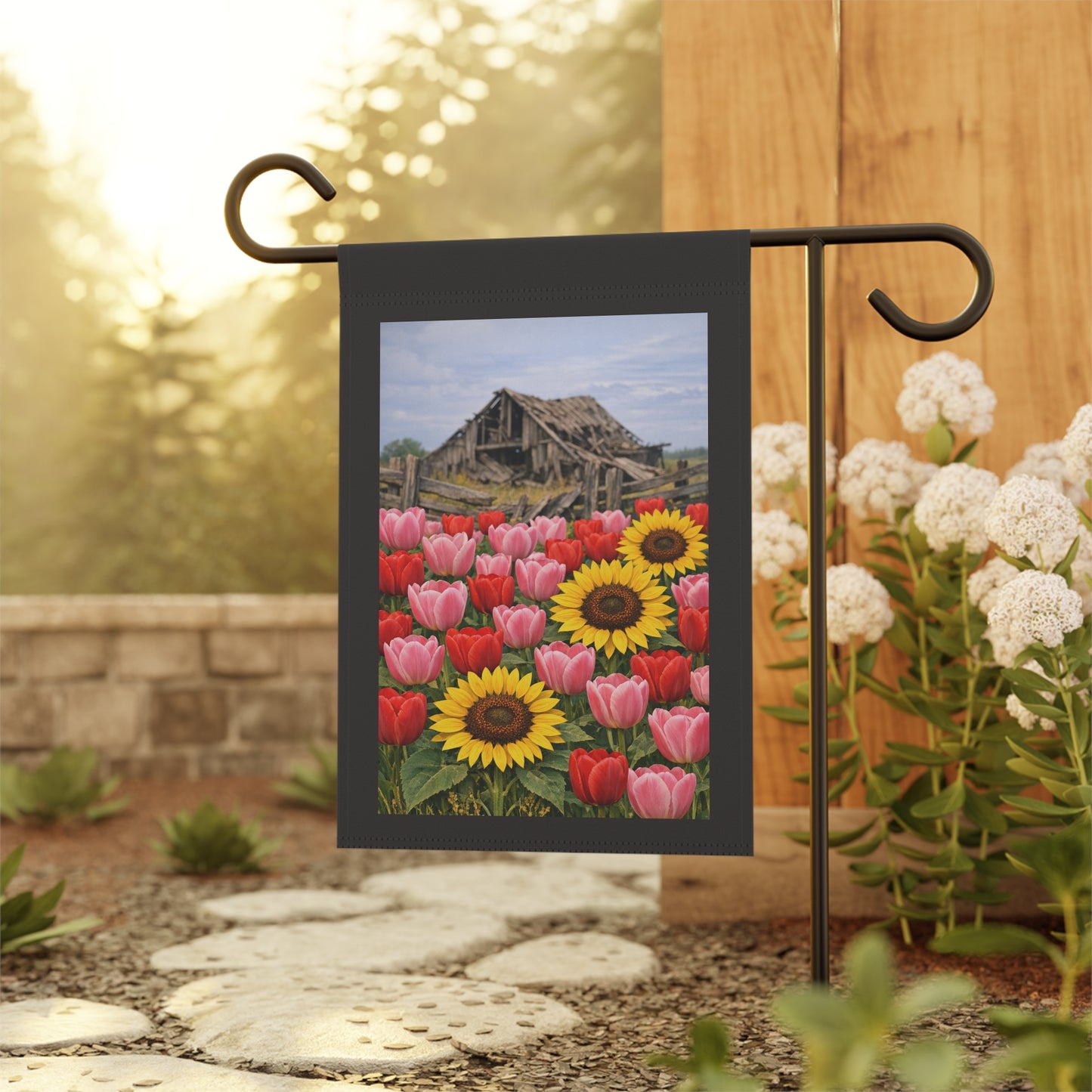 Sunflowers & Tulips Garden Flag — Rustic Barn Floral House Banner