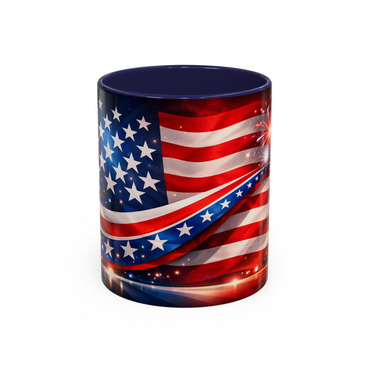 American Flag Accent Coffee Mug – Patriotic Stars & Stripes 11/15oz