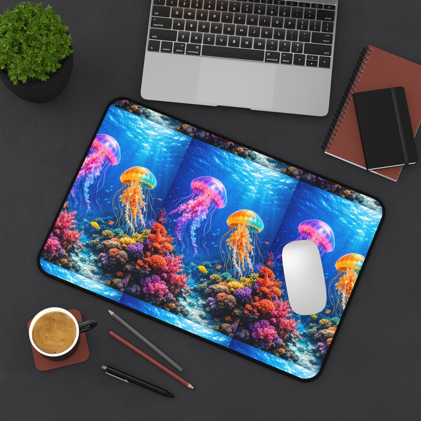 Colorful Jellyfish Underwater Scene Desk Mat | Ocean Coral Reef Mouse Pad