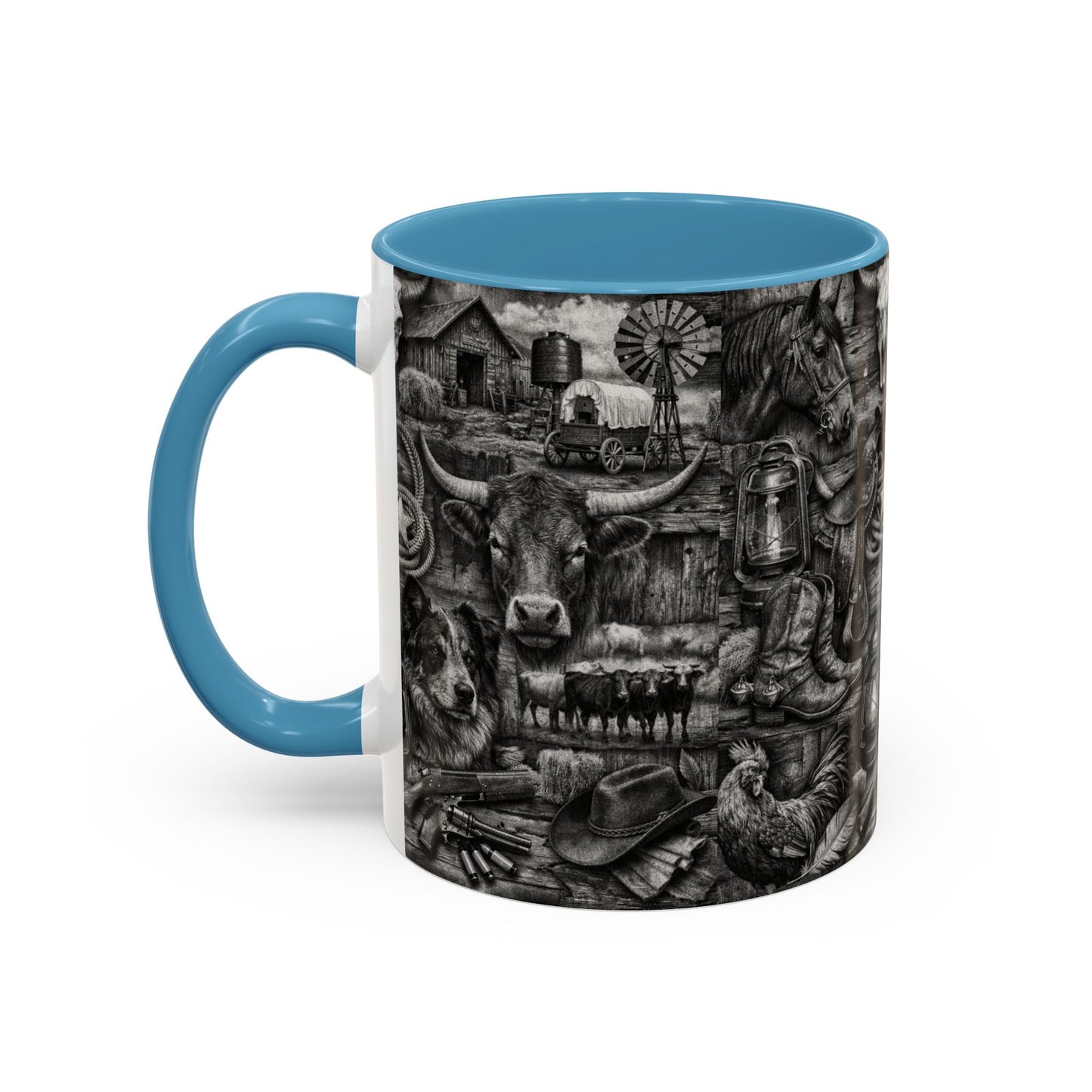 Western Farmhouse Accent Coffee Mug — Rustic Cowboy & Barnyard Collage (11/15oz)