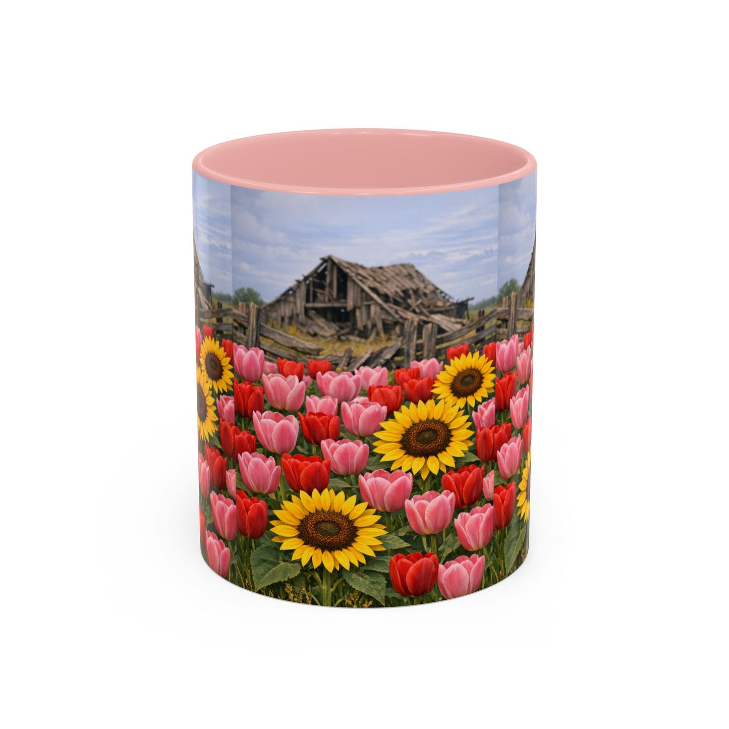Sunflower & Tulip Farmhouse Coffee Mug – Rustic Barn Floral Accent Mug (11/15oz)