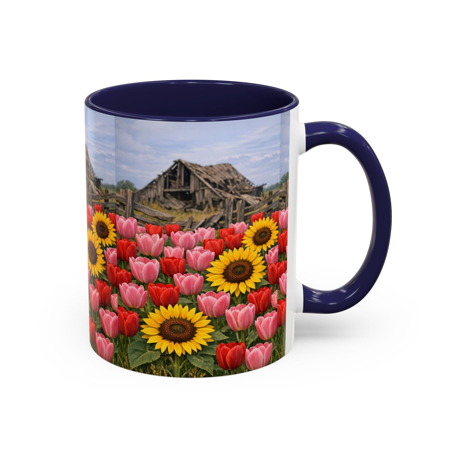 Sunflower & Tulip Farmhouse Coffee Mug – Rustic Barn Floral Accent Mug (11/15oz)