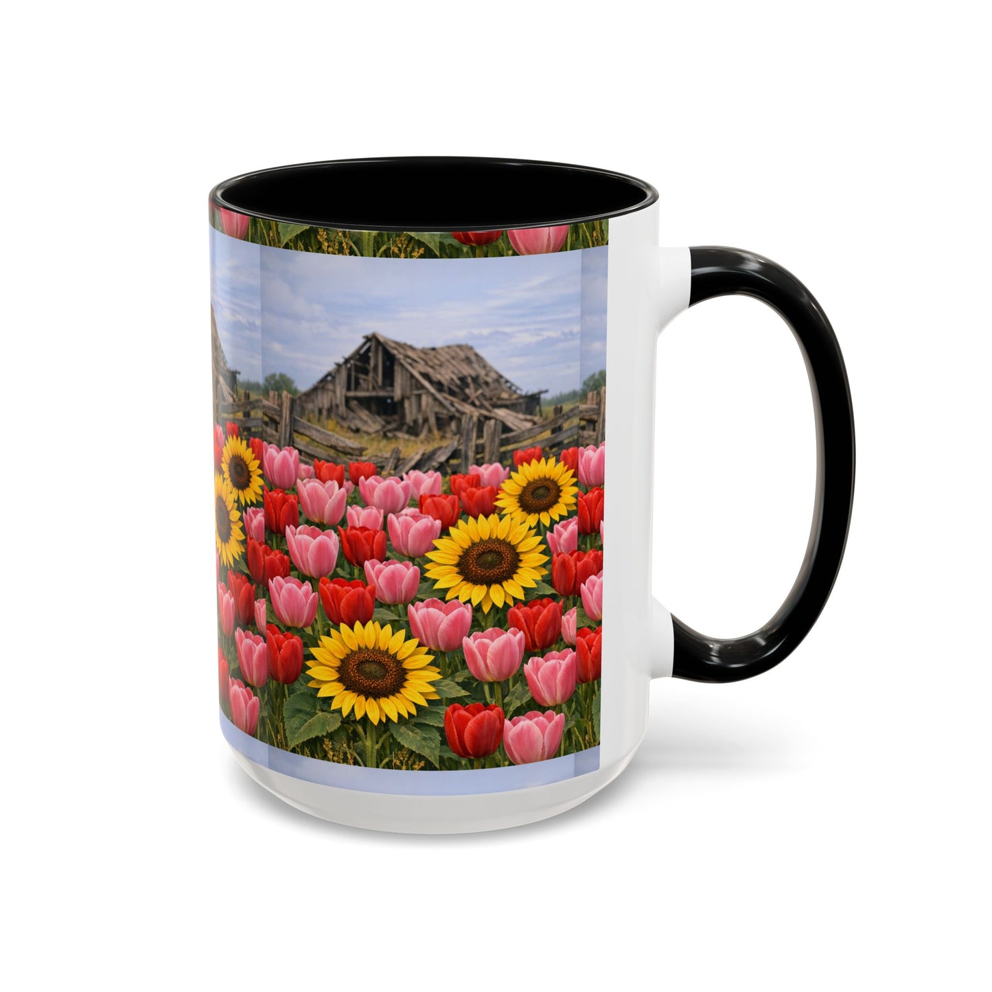 Sunflower & Tulip Farmhouse Coffee Mug – Rustic Barn Floral Accent Mug (11/15oz)