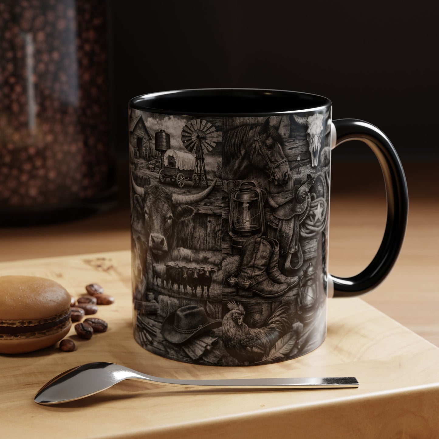 Western Farmhouse Accent Coffee Mug — Rustic Cowboy & Barnyard Collage (11/15oz)