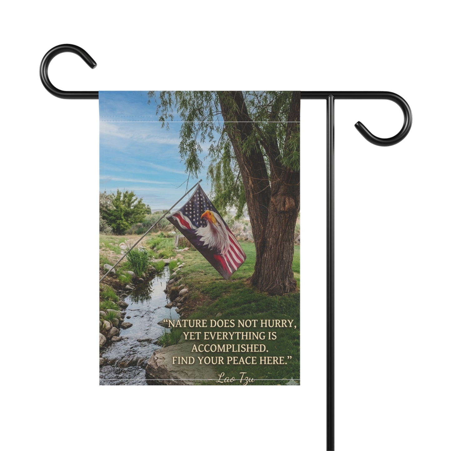 Garden Flag — Scenic Eagle & American Flag with 'Find Your Peace Here' Quote