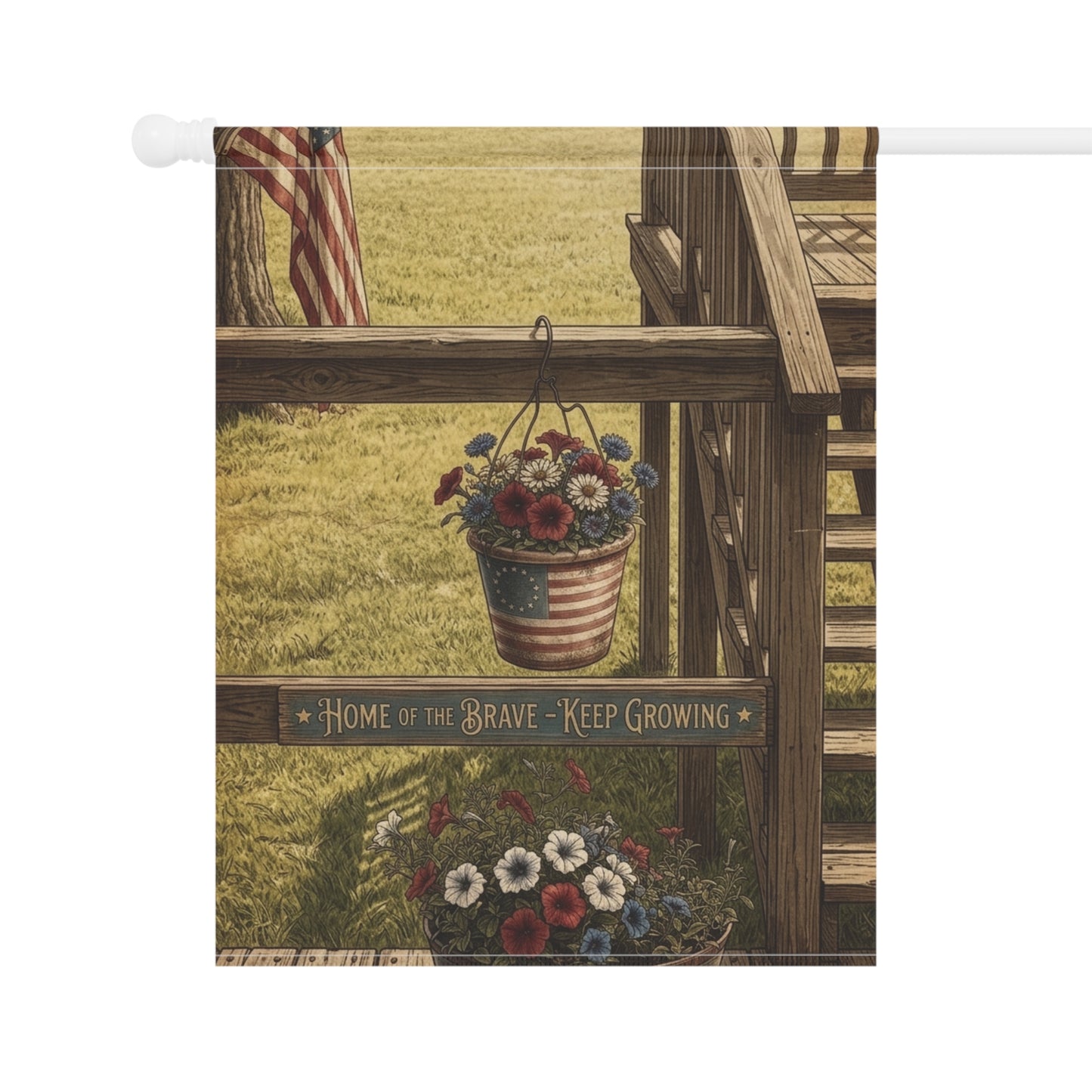 Patriotic Floral Garden Flag — "Home of the Brave, Keep Growing"