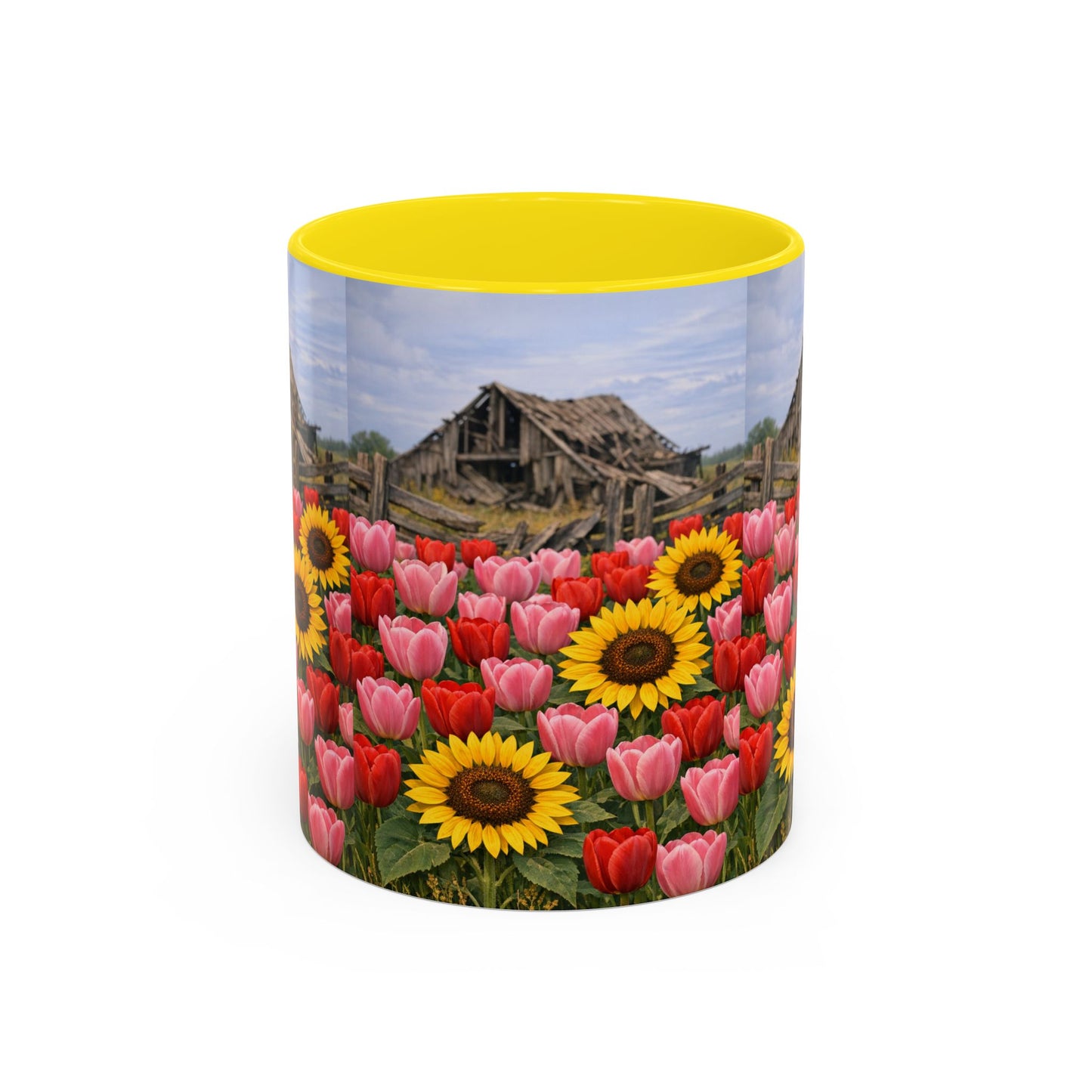 Sunflower & Tulip Farmhouse Coffee Mug – Rustic Barn Floral Accent Mug (11/15oz)
