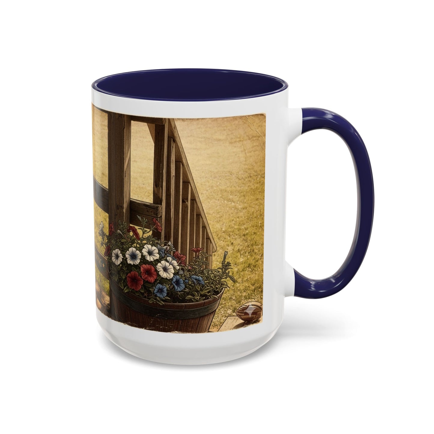 Coffee Mug — Rustic Porch Scene with 'Be Kind Be Brave Keep Growing' Inspirational Quote