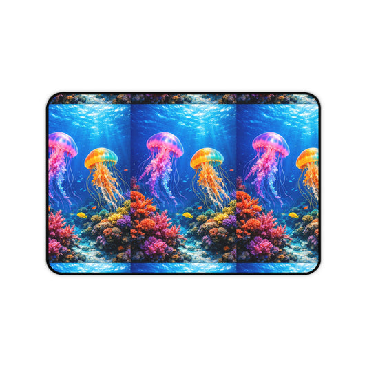 Colorful Jellyfish Underwater Scene Desk Mat | Ocean Coral Reef Mouse Pad