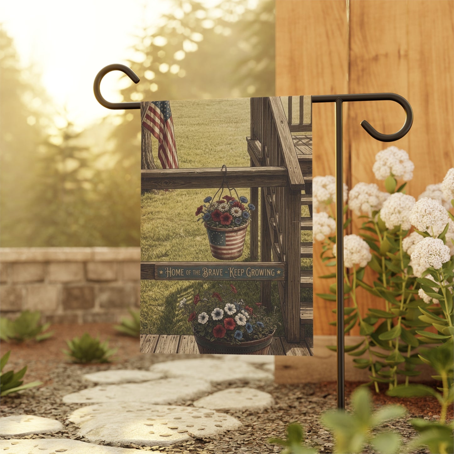 Patriotic Floral Garden Flag — "Home of the Brave, Keep Growing"