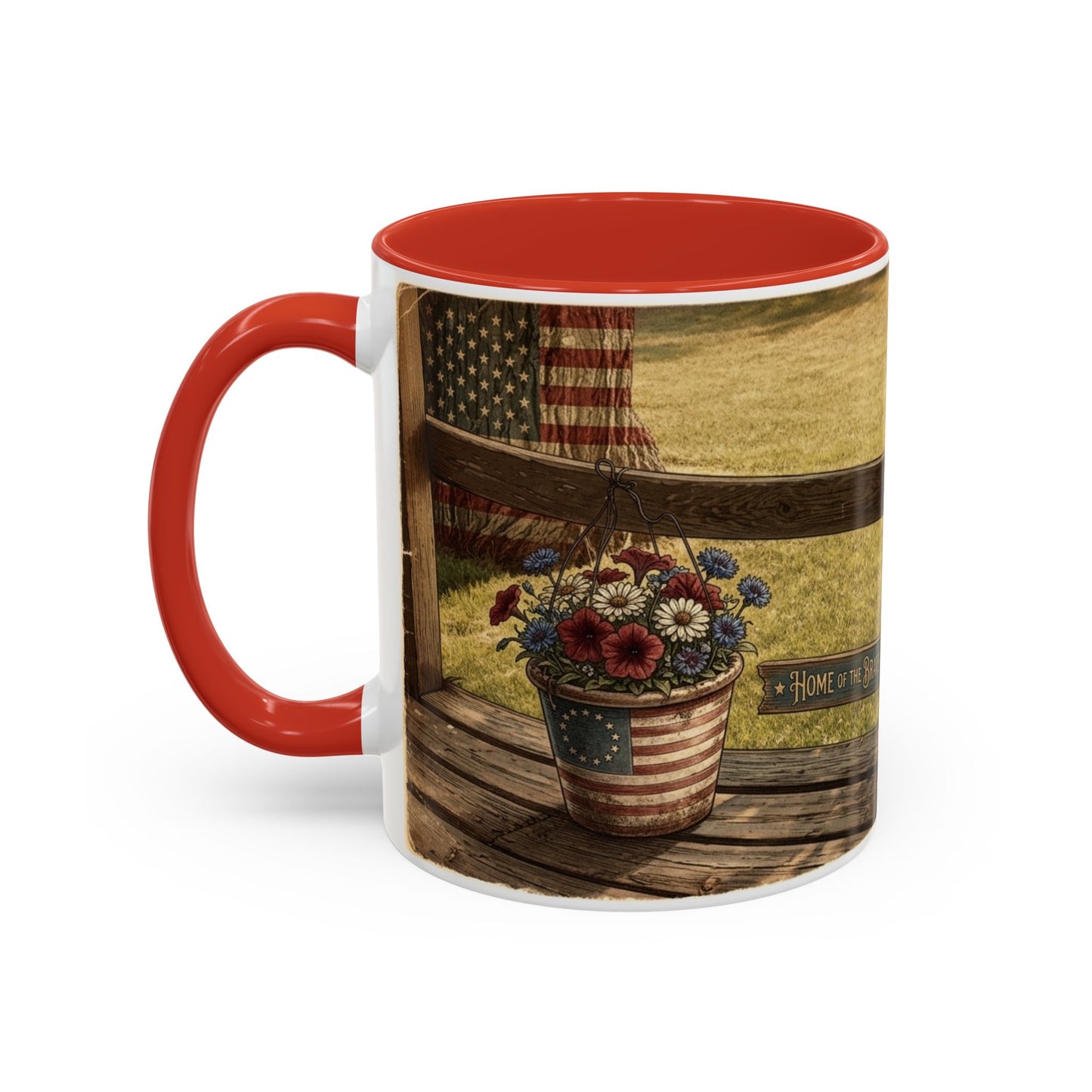 Coffee Mug — Rustic Porch Scene with 'Be Kind Be Brave Keep Growing' Inspirational Quote