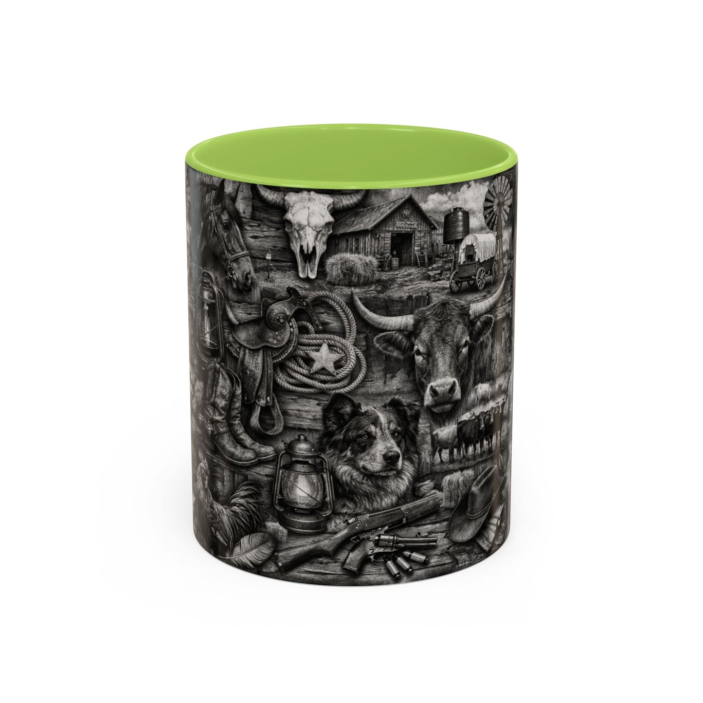 Western Farmhouse Accent Coffee Mug — Rustic Cowboy & Barnyard Collage (11/15oz)