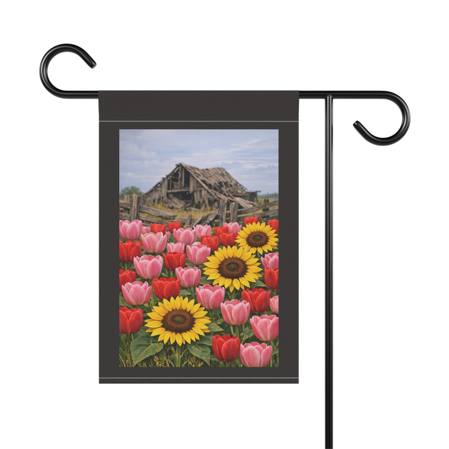 Sunflowers & Tulips Garden Flag — Rustic Barn Floral House Banner