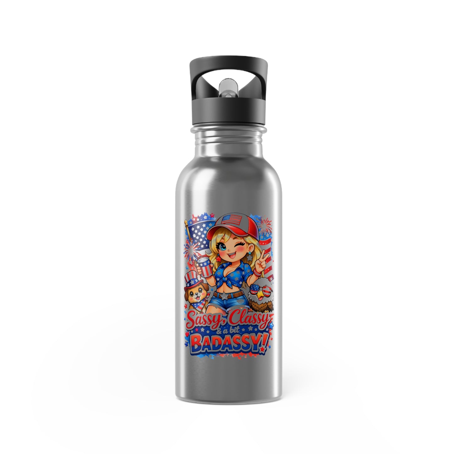 Patriotic Cowgirl 20oz Stainless Water Bottle with Straw – 'Stars, Stripes & Badassy'