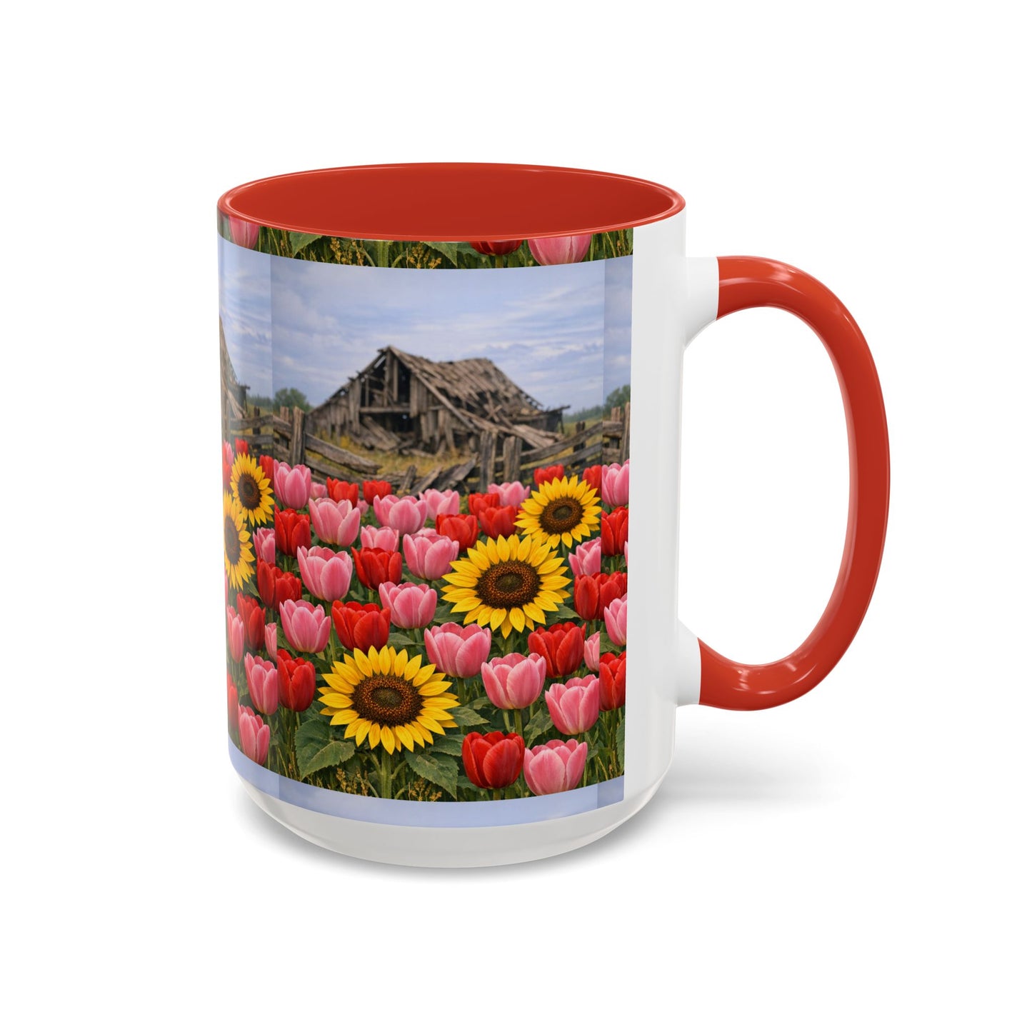 Sunflower & Tulip Farmhouse Coffee Mug – Rustic Barn Floral Accent Mug (11/15oz)