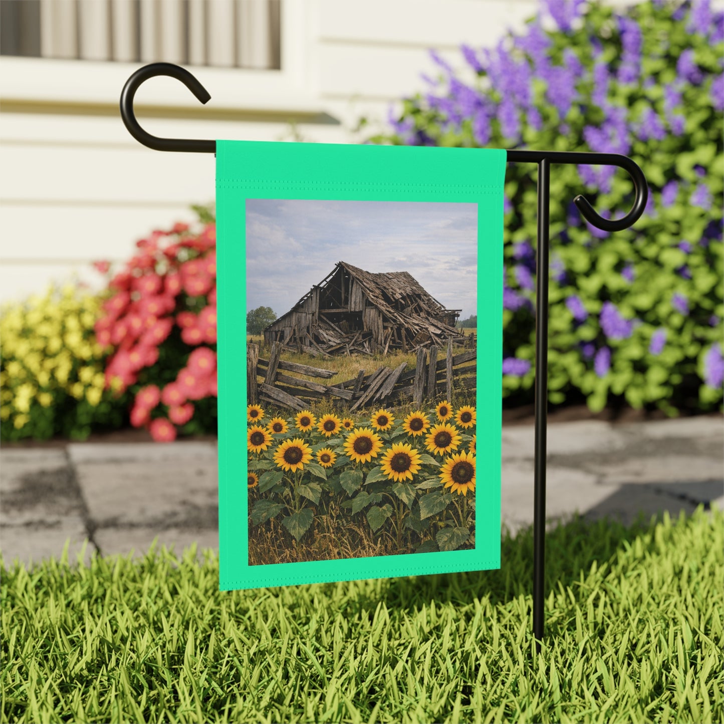Sunflower Barn Garden Flag — Rustic Farmhouse House Banner