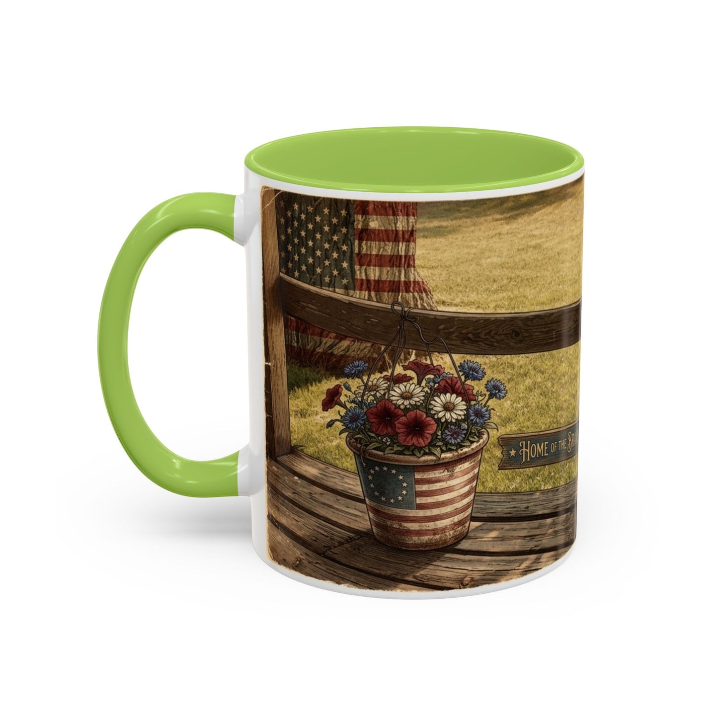 Coffee Mug — Rustic Porch Scene with 'Be Kind Be Brave Keep Growing' Inspirational Quote