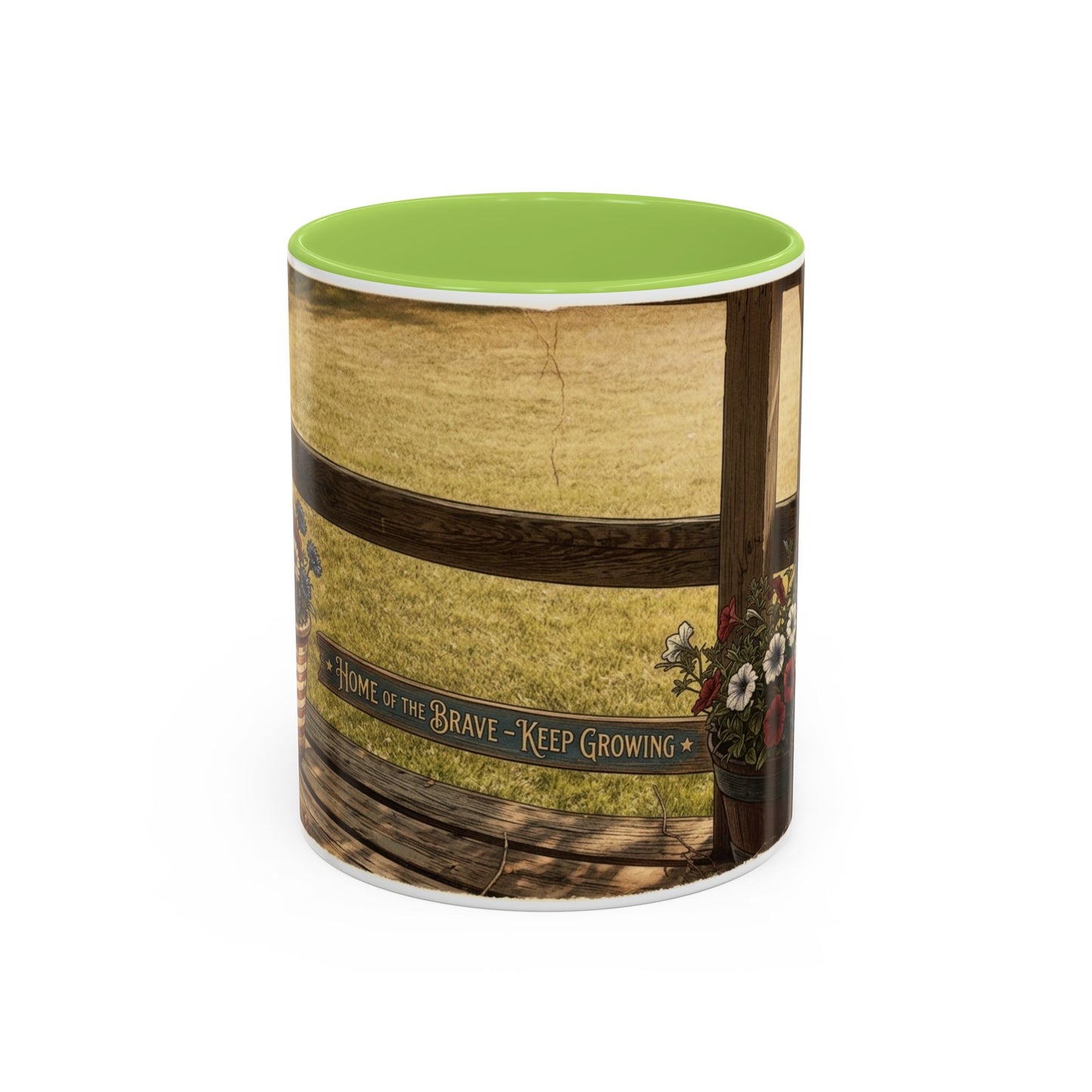 Coffee Mug — Rustic Porch Scene with 'Be Kind Be Brave Keep Growing' Inspirational Quote