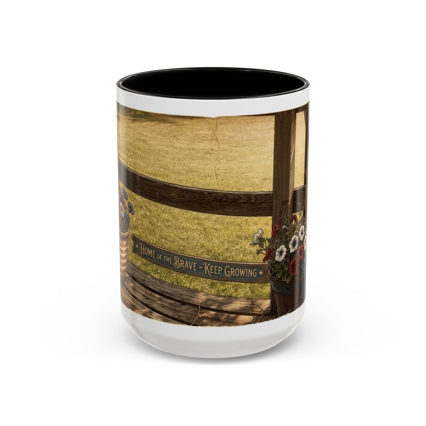 Coffee Mug — Rustic Porch Scene with 'Be Kind Be Brave Keep Growing' Inspirational Quote