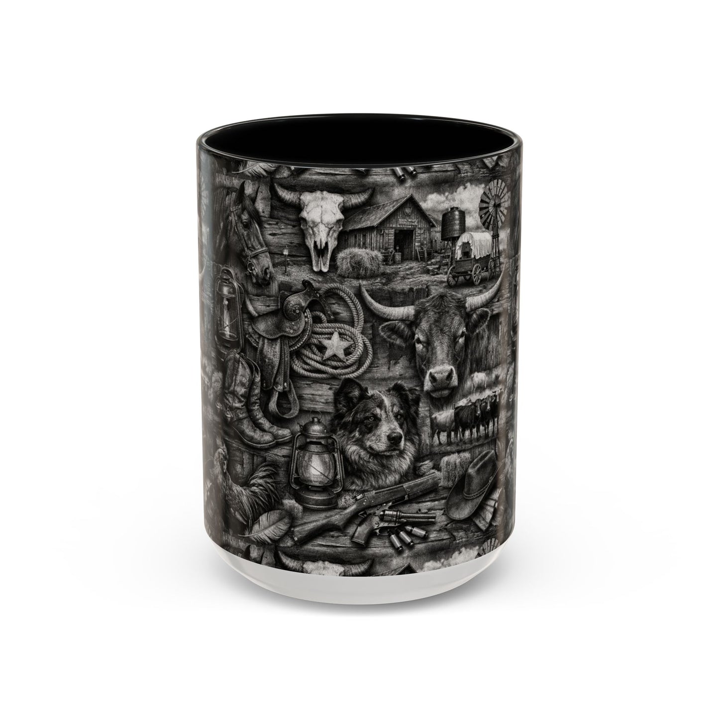 Western Farmhouse Accent Coffee Mug — Rustic Cowboy & Barnyard Collage (11/15oz)