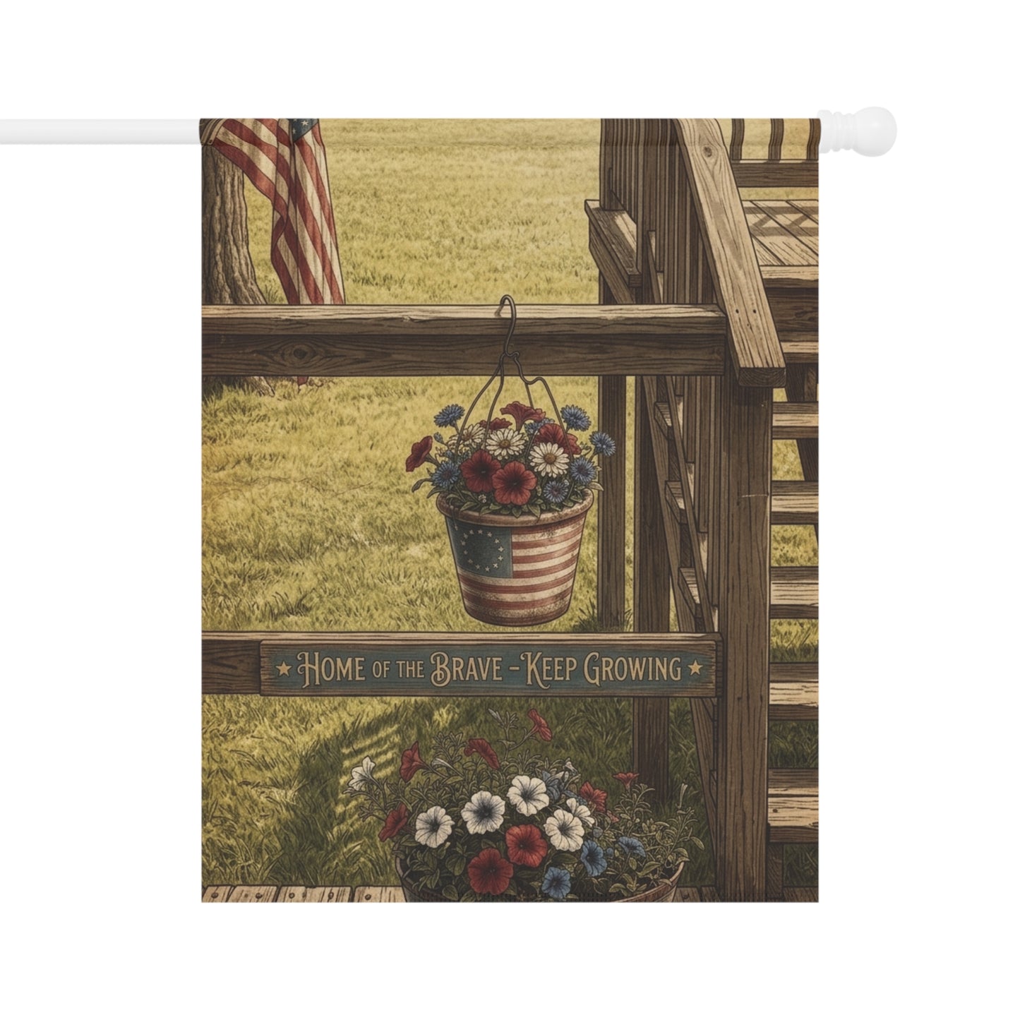 Patriotic Floral Garden Flag — "Home of the Brave, Keep Growing"