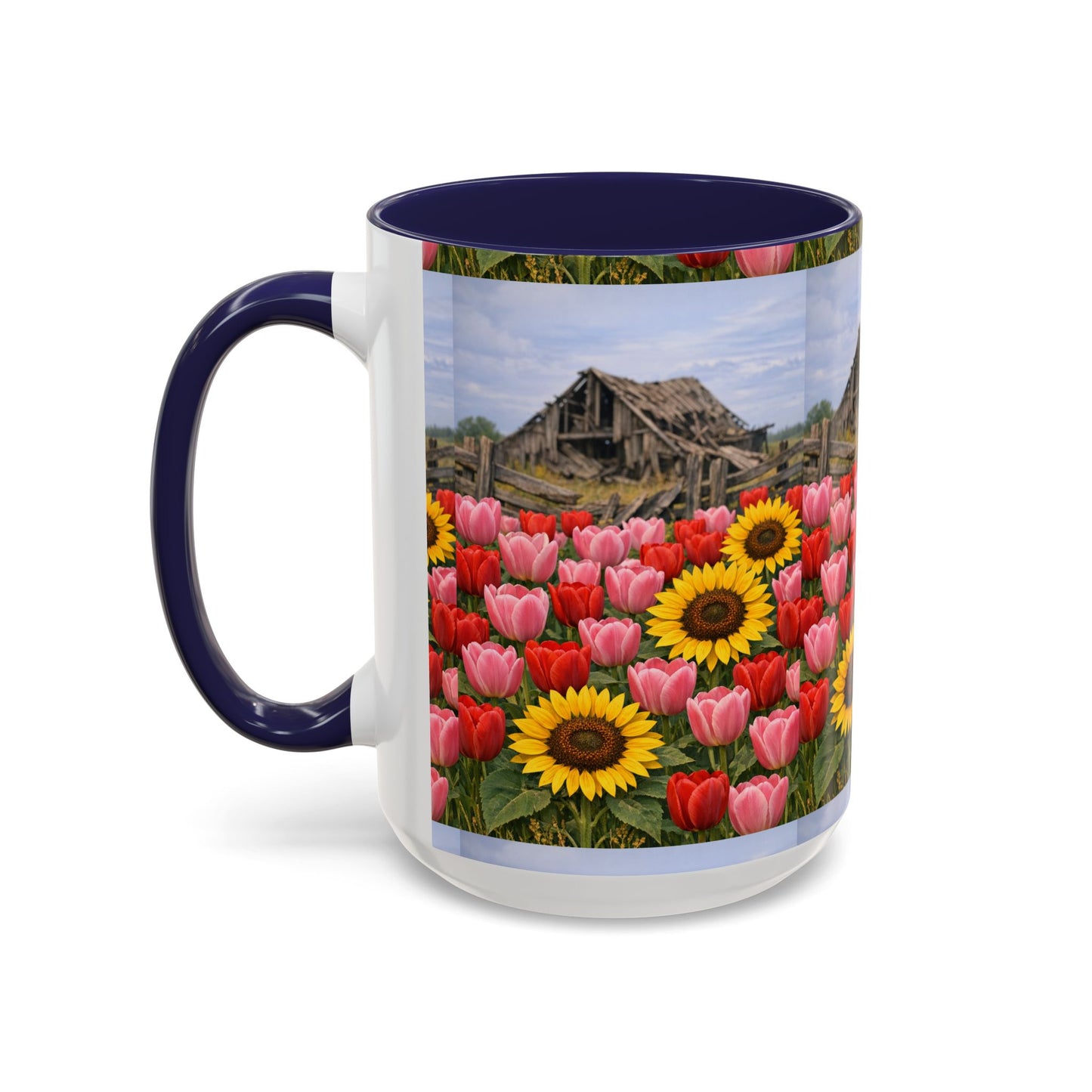 Sunflower & Tulip Farmhouse Coffee Mug – Rustic Barn Floral Accent Mug (11/15oz)