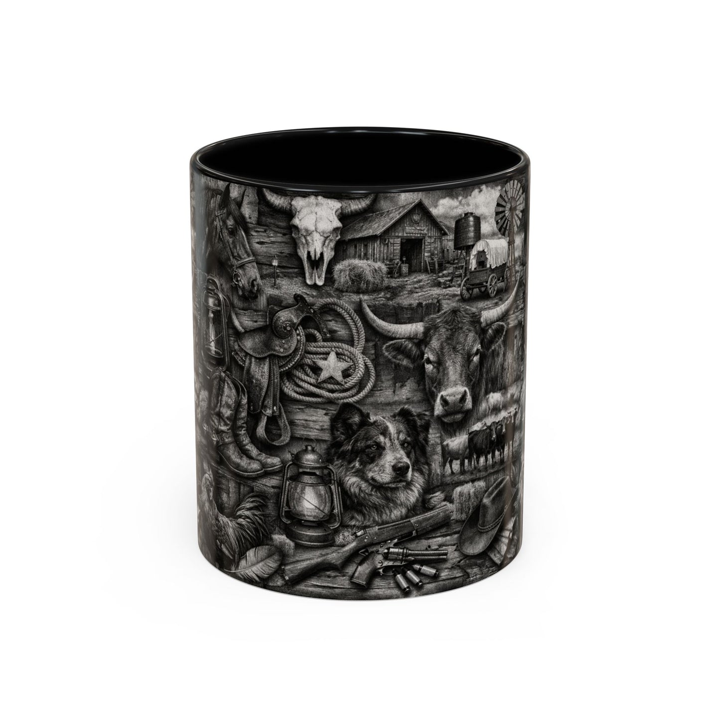 Western Farmhouse Accent Coffee Mug — Rustic Cowboy & Barnyard Collage (11/15oz)