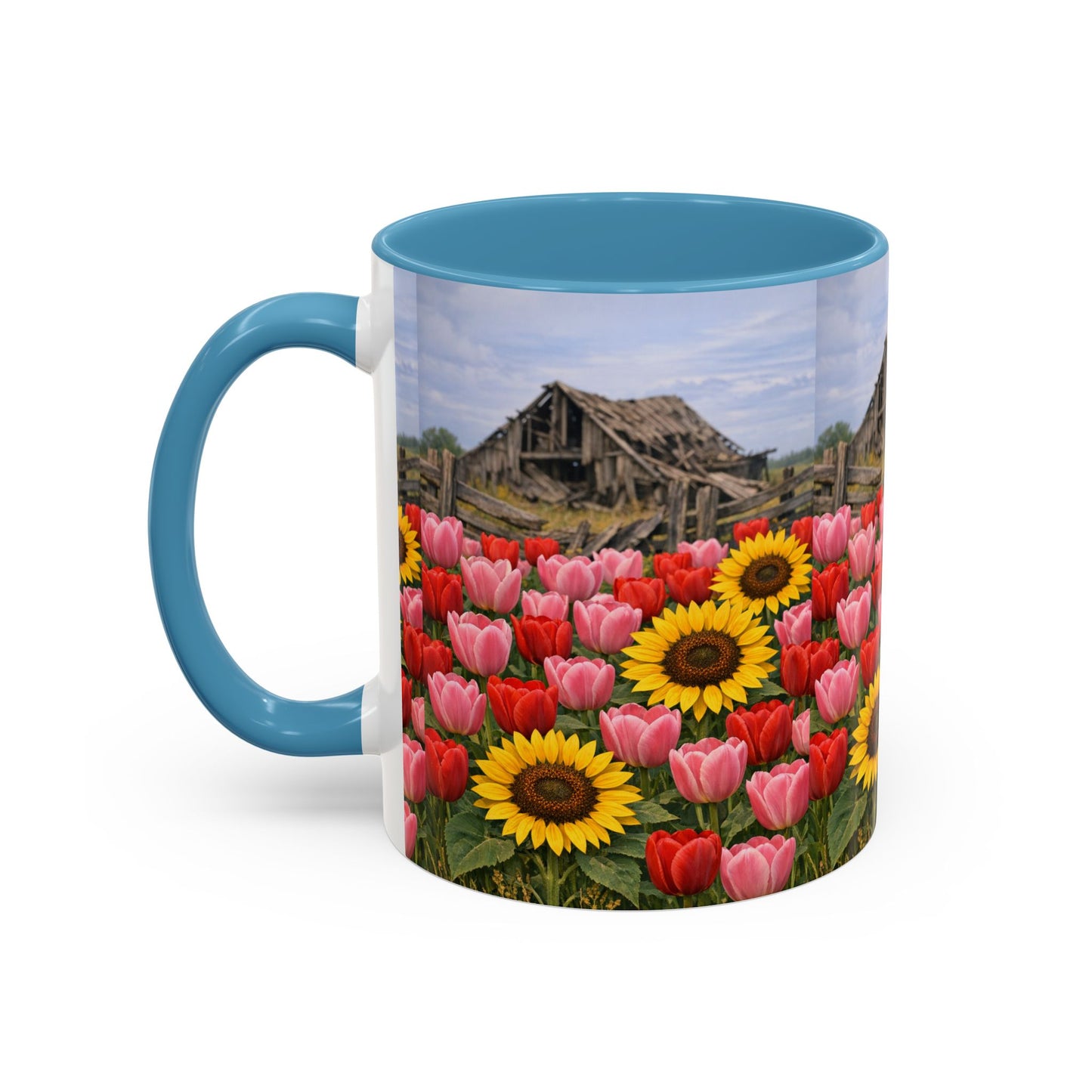 Sunflower & Tulip Farmhouse Coffee Mug – Rustic Barn Floral Accent Mug (11/15oz)
