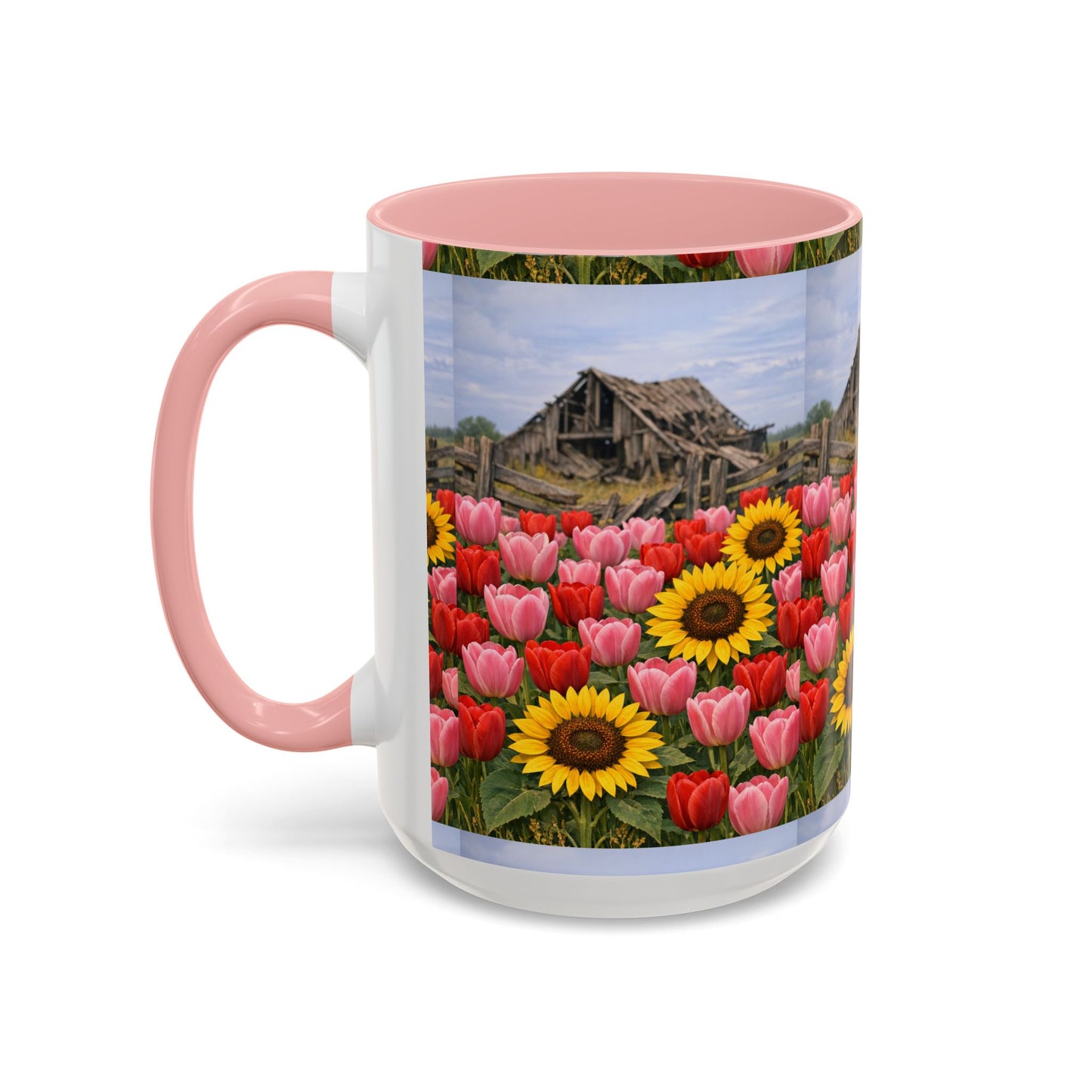 Sunflower & Tulip Farmhouse Coffee Mug – Rustic Barn Floral Accent Mug (11/15oz)