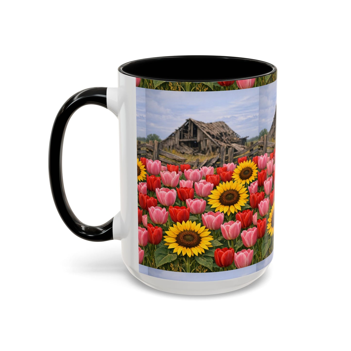 Sunflower & Tulip Farmhouse Coffee Mug – Rustic Barn Floral Accent Mug (11/15oz)