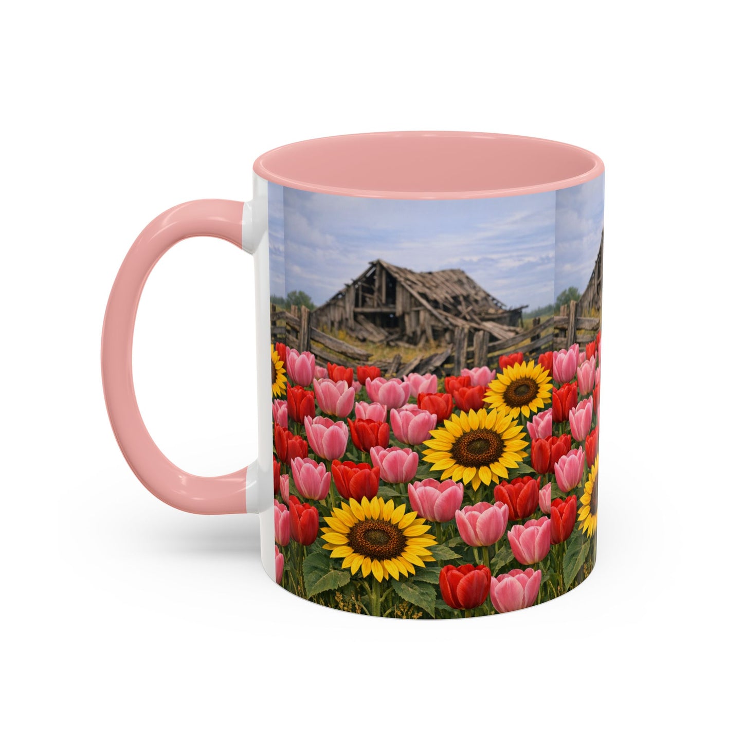 Sunflower & Tulip Farmhouse Coffee Mug – Rustic Barn Floral Accent Mug (11/15oz)