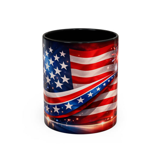 American Flag Accent Coffee Mug – Patriotic Stars & Stripes 11/15oz