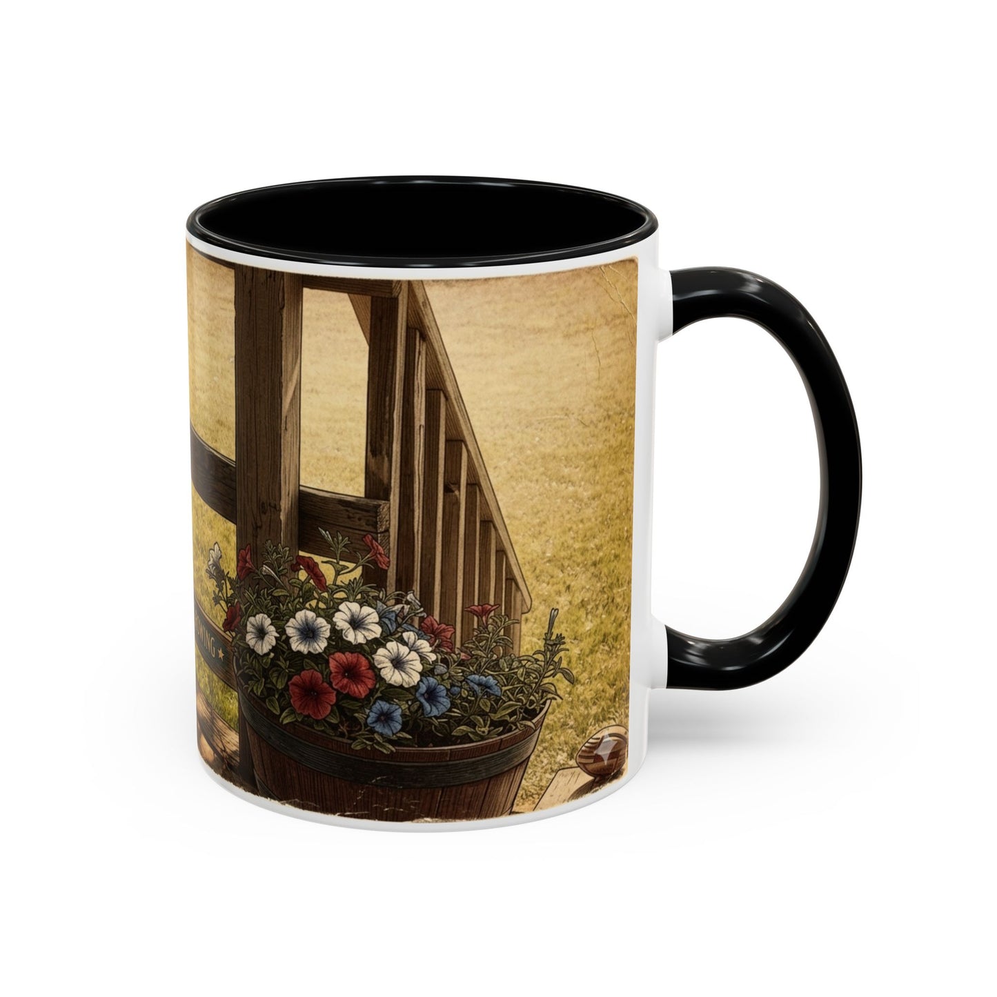 Coffee Mug — Rustic Porch Scene with 'Be Kind Be Brave Keep Growing' Inspirational Quote