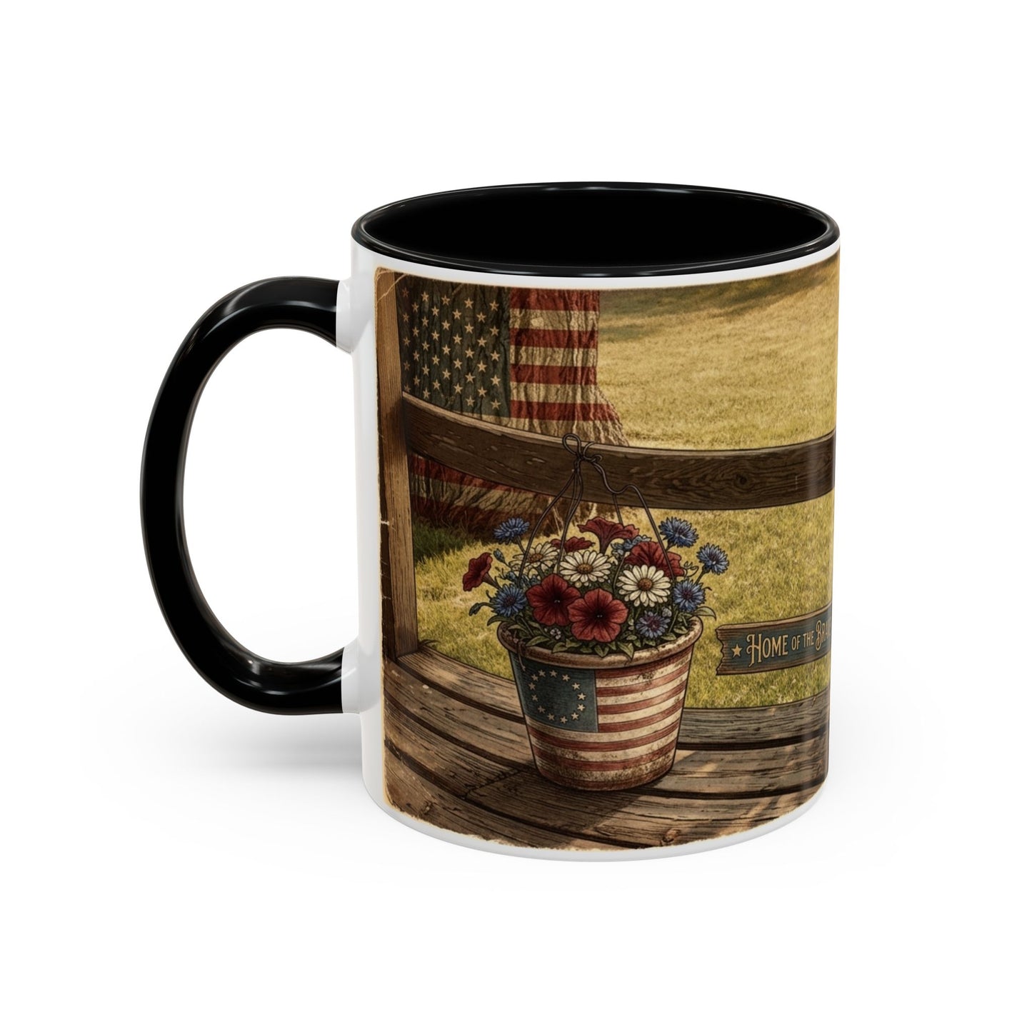 Coffee Mug — Rustic Porch Scene with 'Be Kind Be Brave Keep Growing' Inspirational Quote