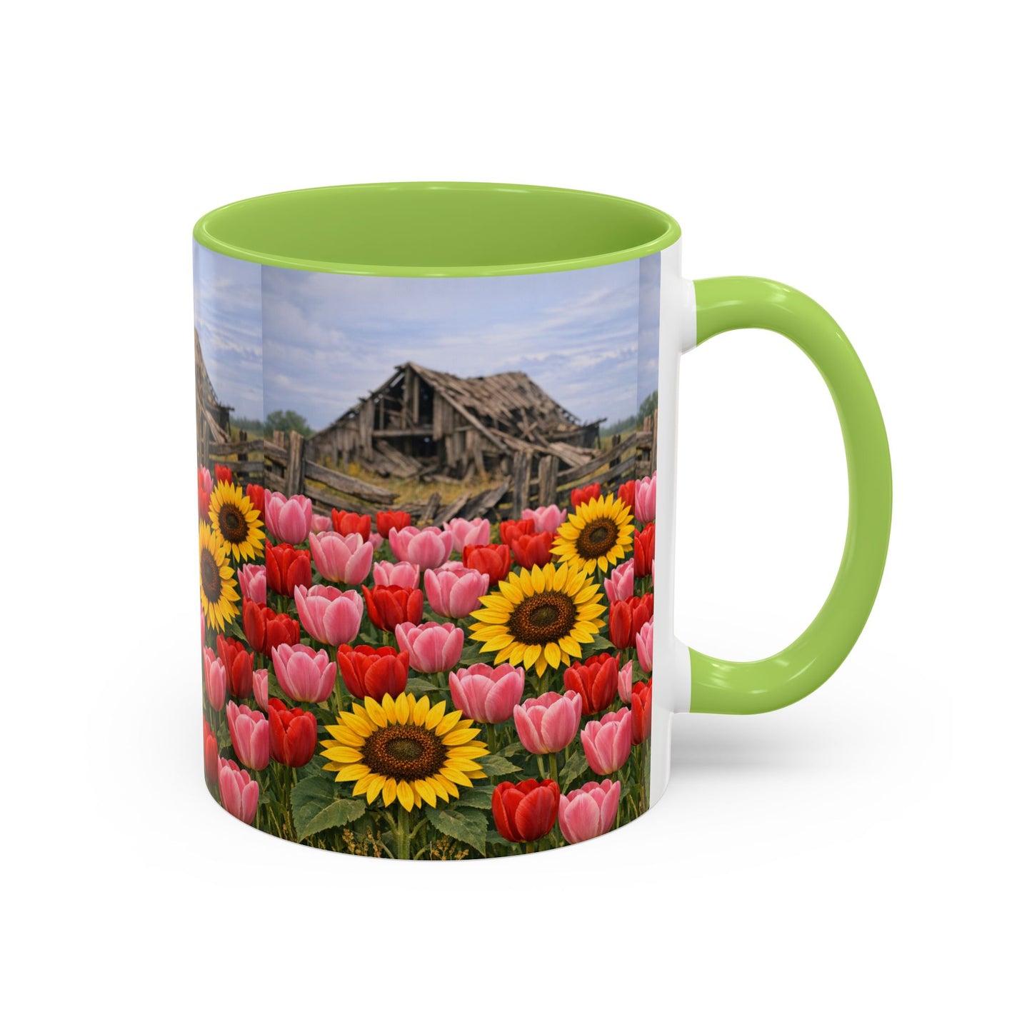 Sunflower & Tulip Farmhouse Coffee Mug – Rustic Barn Floral Accent Mug (11/15oz)