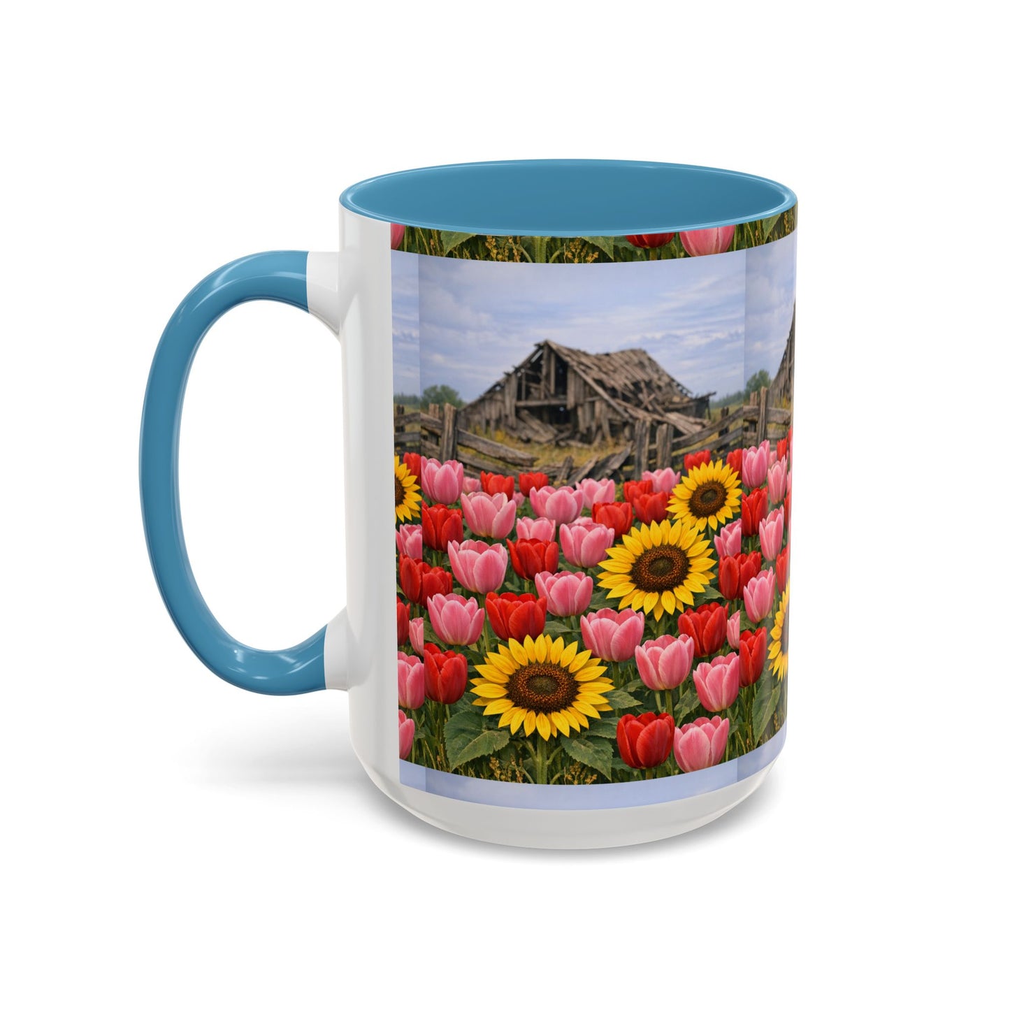 Sunflower & Tulip Farmhouse Coffee Mug – Rustic Barn Floral Accent Mug (11/15oz)