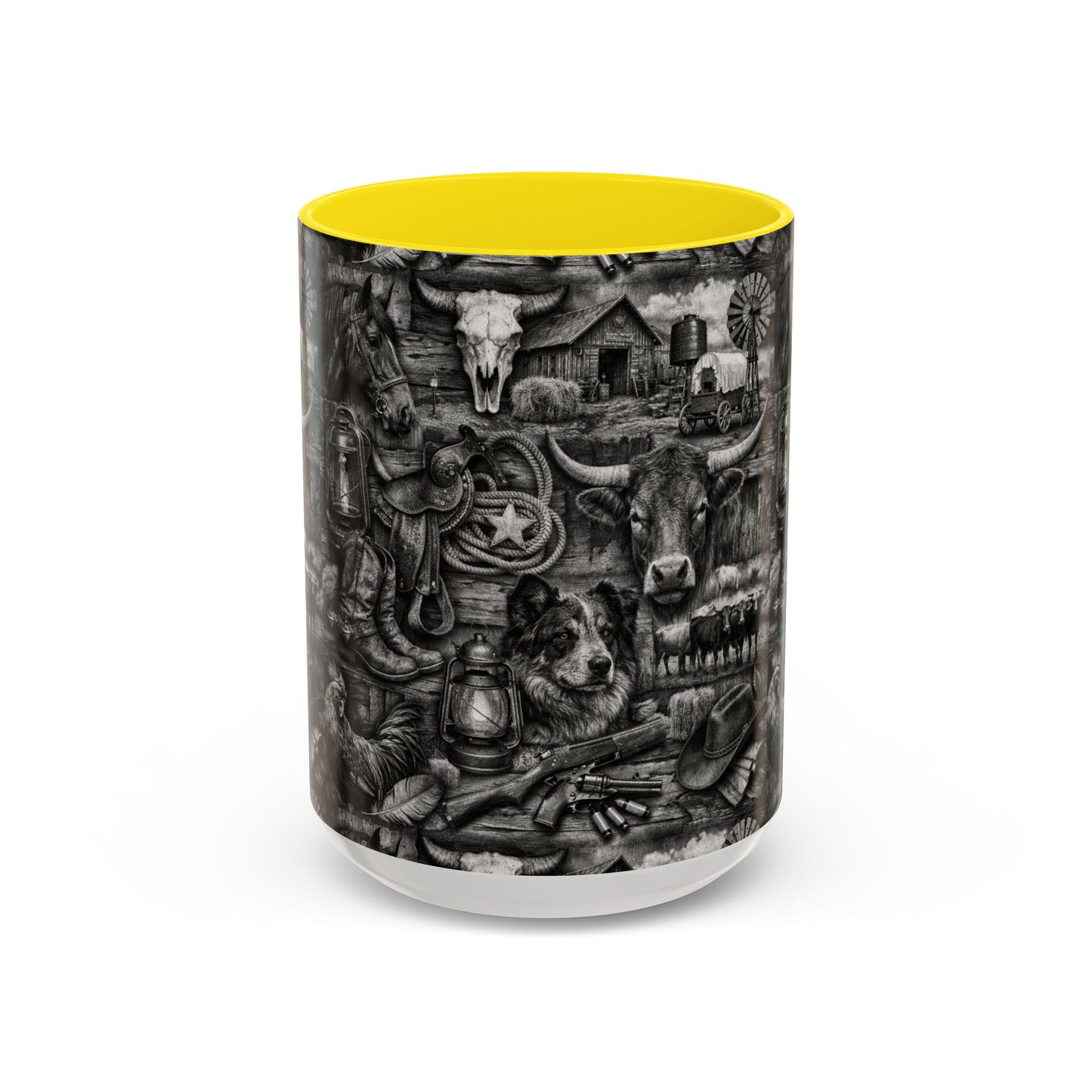 Western Farmhouse Accent Coffee Mug — Rustic Cowboy & Barnyard Collage (11/15oz)