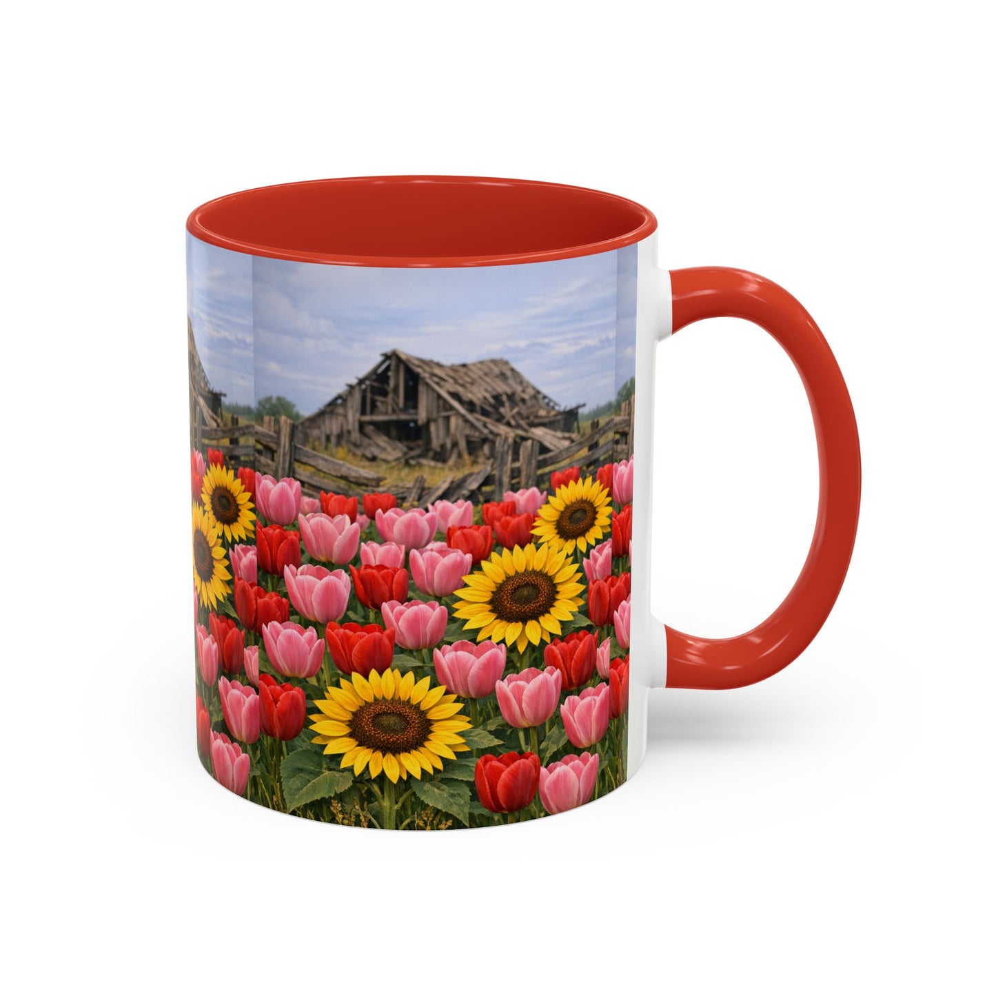 Sunflower & Tulip Farmhouse Coffee Mug – Rustic Barn Floral Accent Mug (11/15oz)