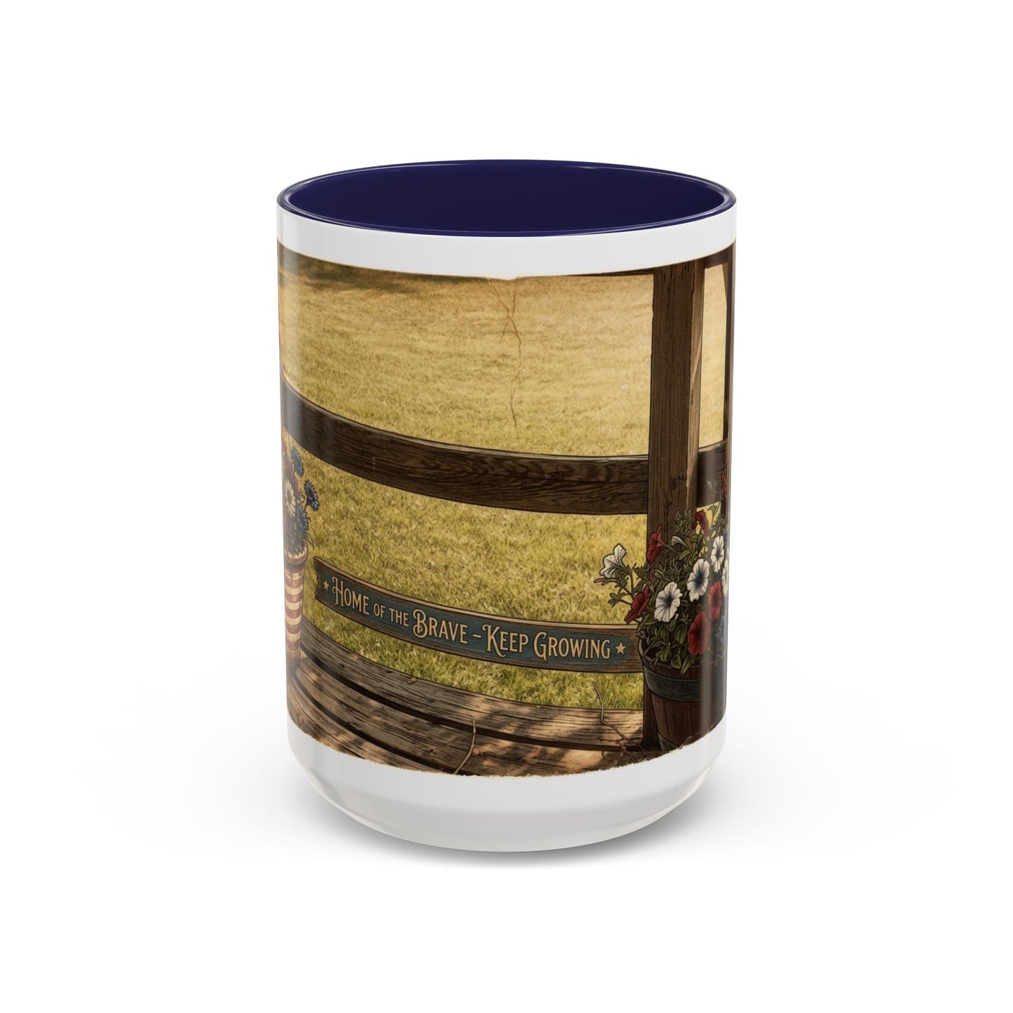 Coffee Mug — Rustic Porch Scene with 'Be Kind Be Brave Keep Growing' Inspirational Quote
