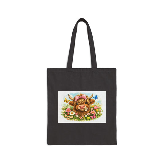 Canvas Tote — Cute Highland Cow Floral Design (Eco-Friendly Market Bag)