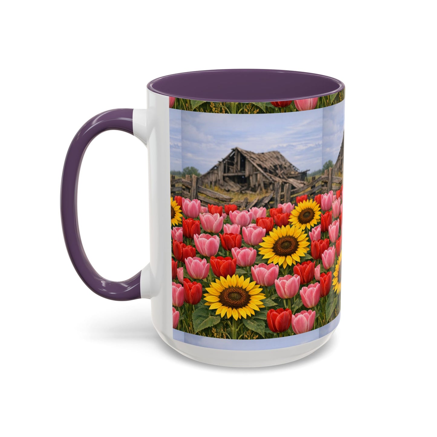 Sunflower & Tulip Farmhouse Coffee Mug – Rustic Barn Floral Accent Mug (11/15oz)