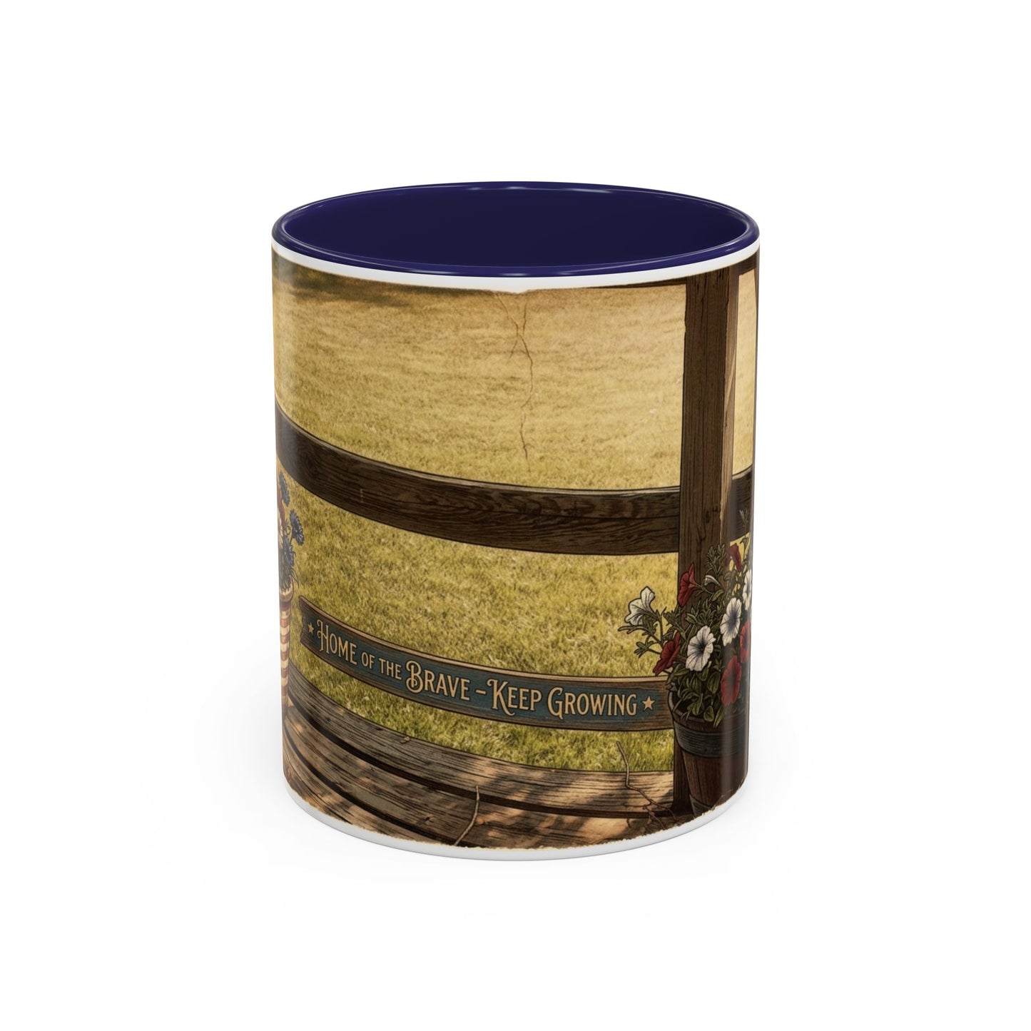 Coffee Mug — Rustic Porch Scene with 'Be Kind Be Brave Keep Growing' Inspirational Quote