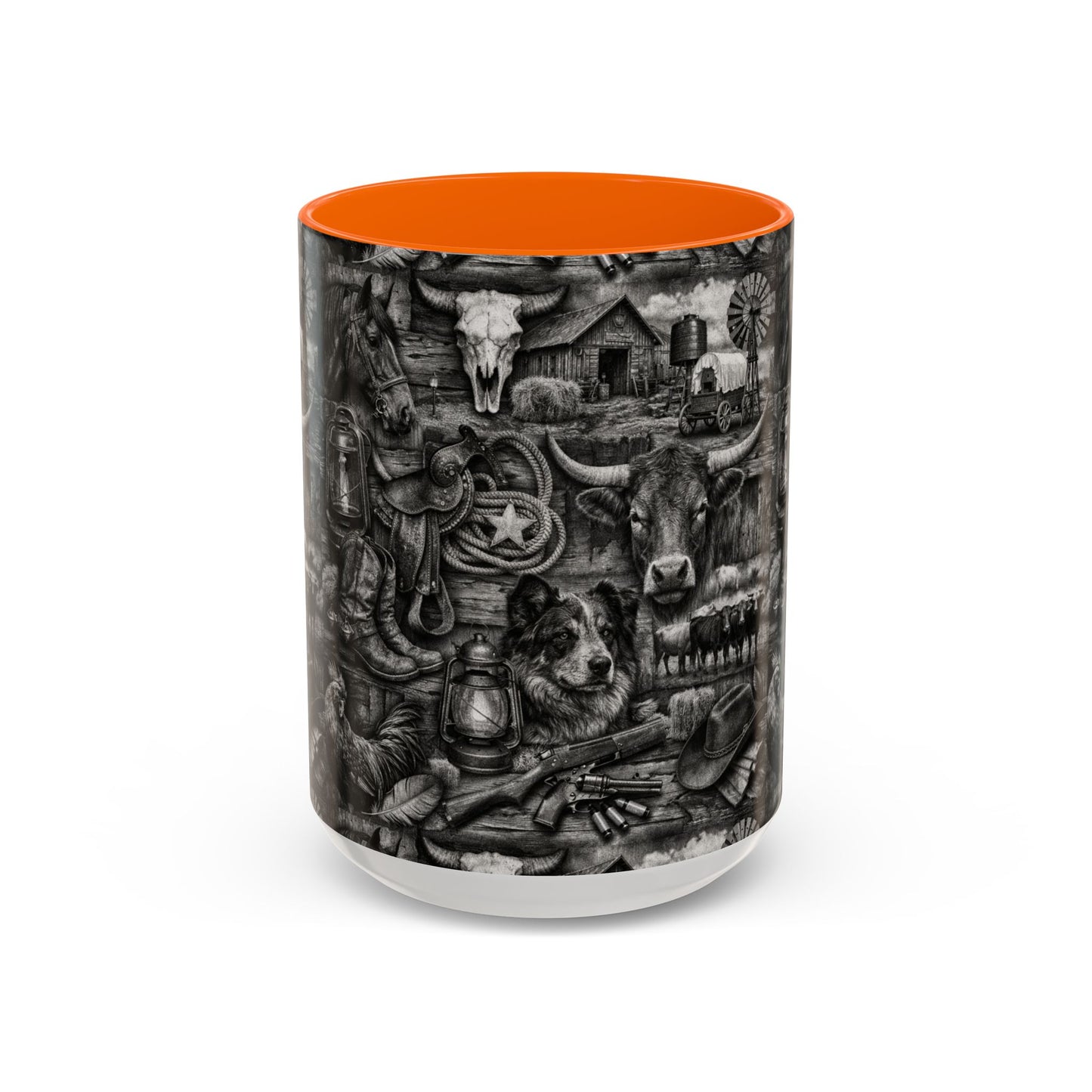 Western Farmhouse Accent Coffee Mug — Rustic Cowboy & Barnyard Collage (11/15oz)