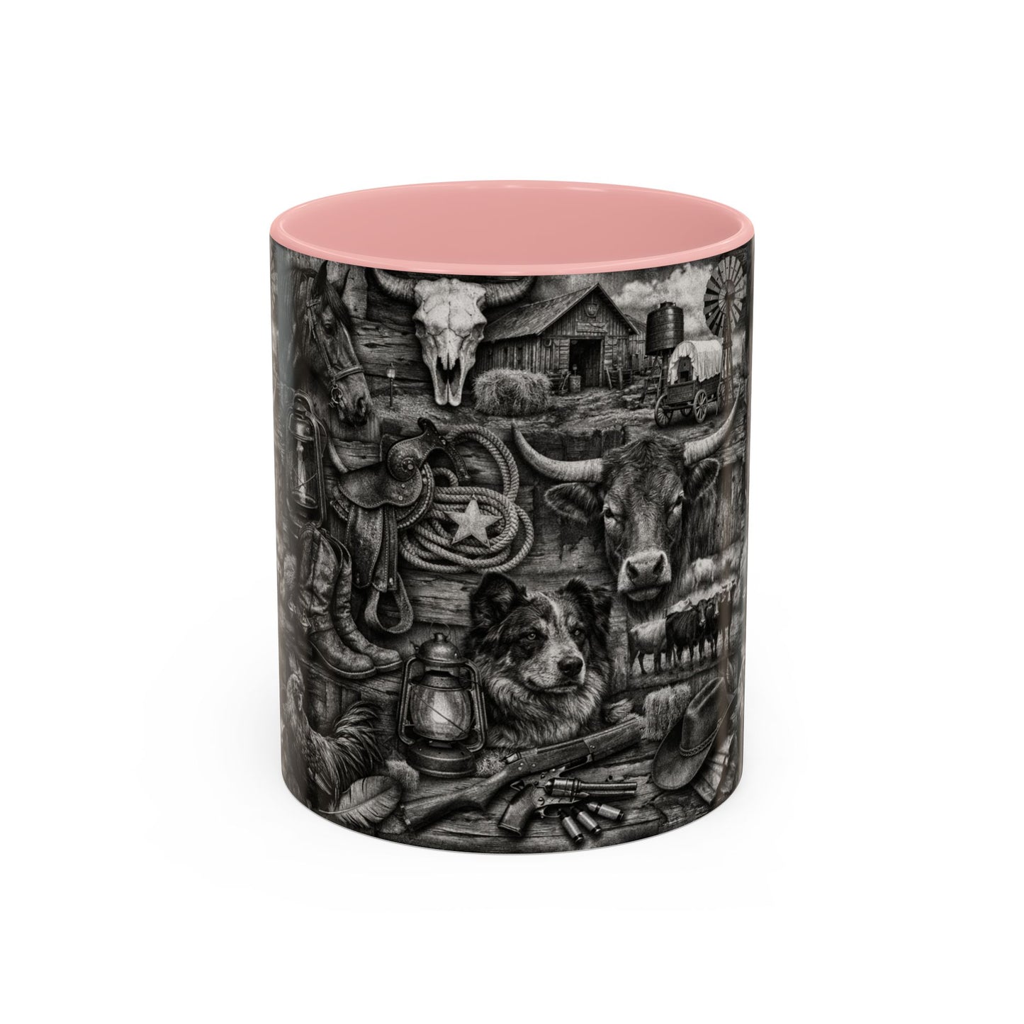Western Farmhouse Accent Coffee Mug — Rustic Cowboy & Barnyard Collage (11/15oz)