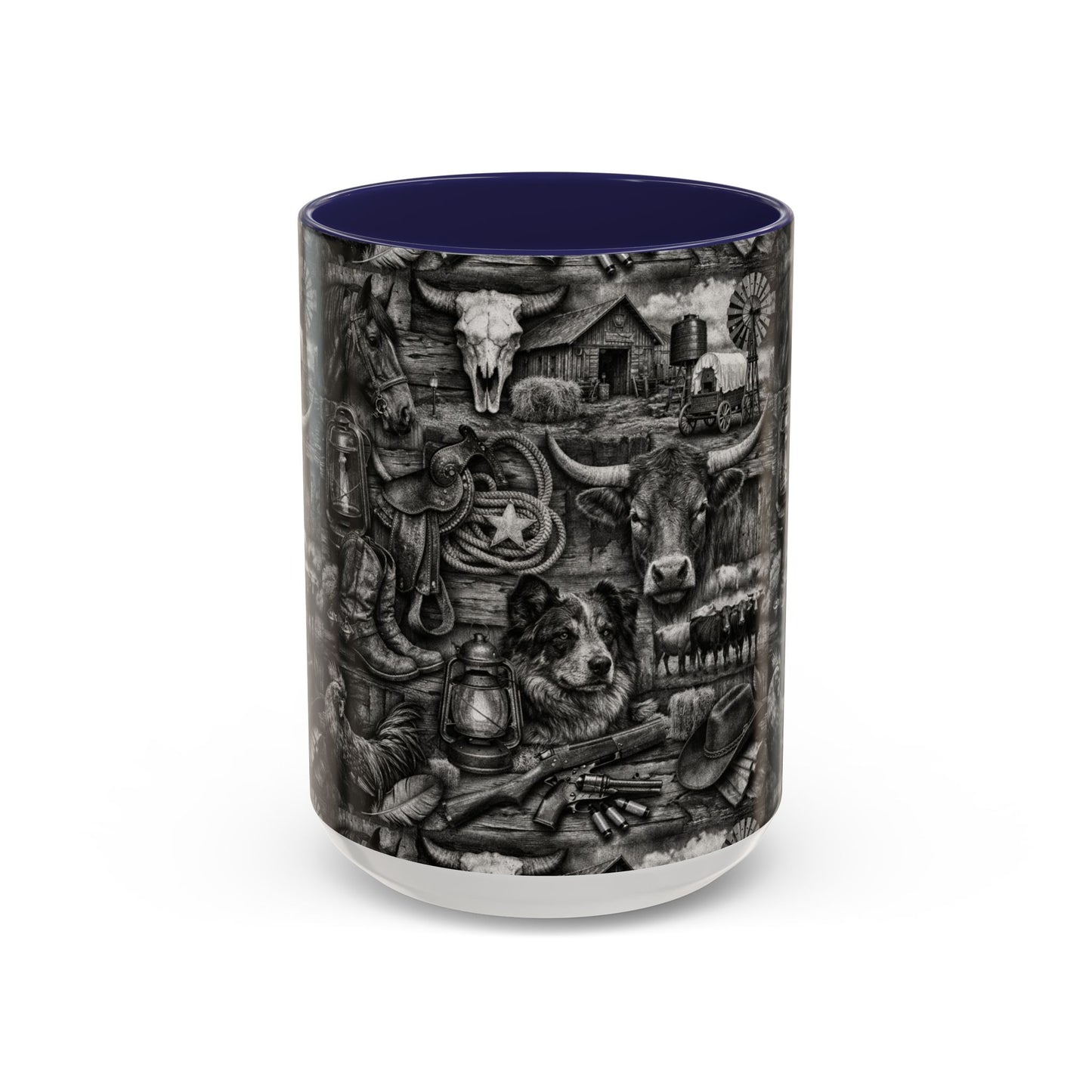 Western Farmhouse Accent Coffee Mug — Rustic Cowboy & Barnyard Collage (11/15oz)