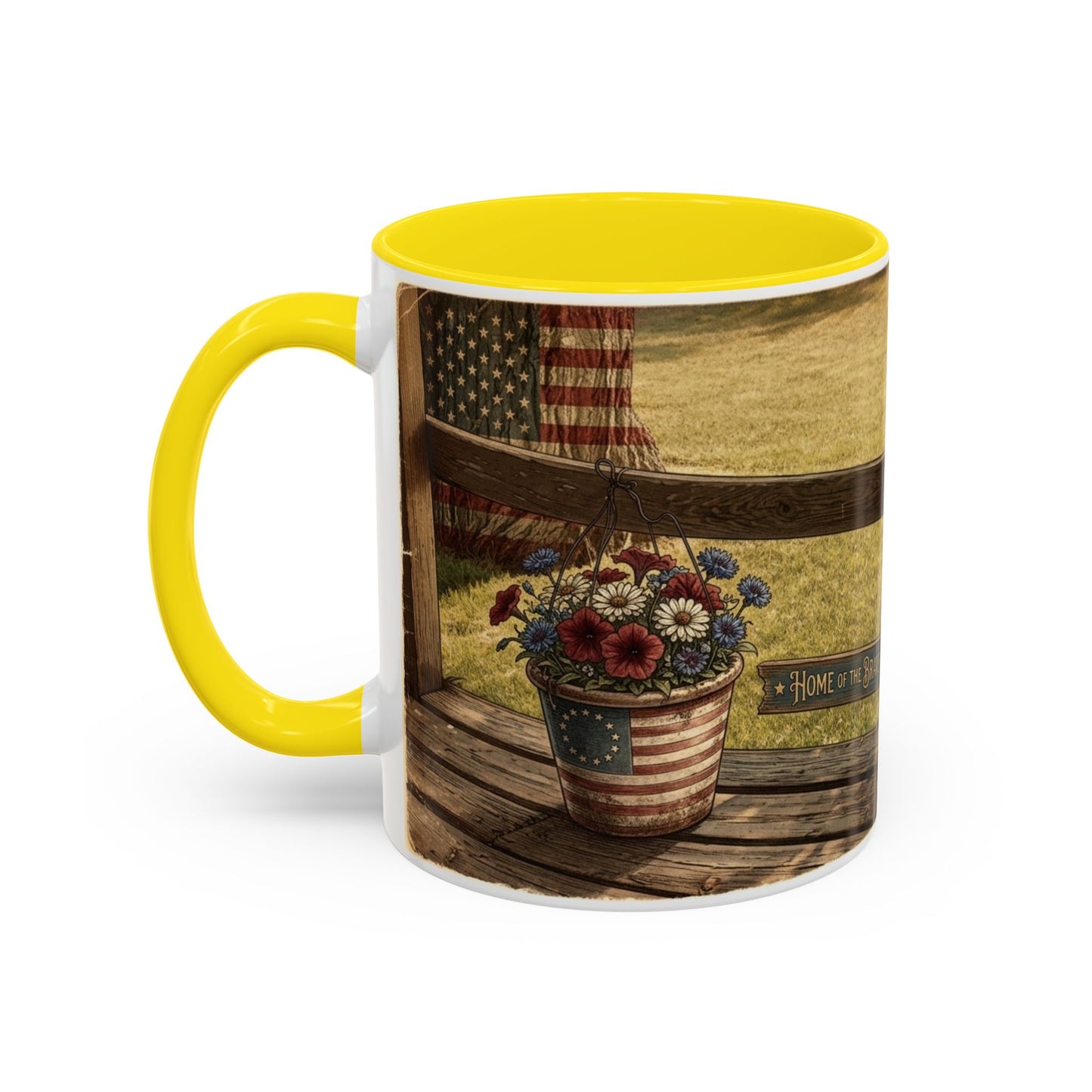 Coffee Mug — Rustic Porch Scene with 'Be Kind Be Brave Keep Growing' Inspirational Quote
