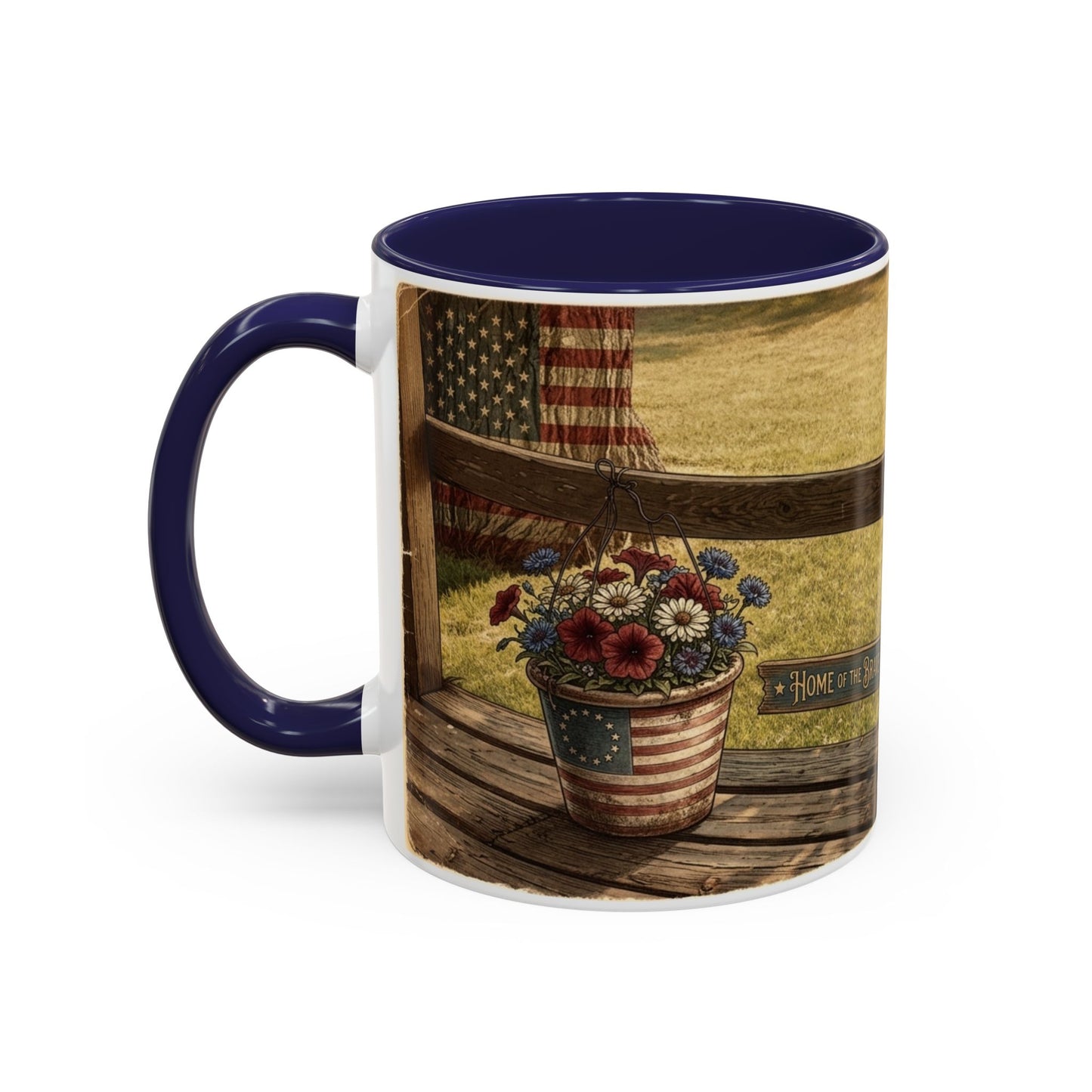 Coffee Mug — Rustic Porch Scene with 'Be Kind Be Brave Keep Growing' Inspirational Quote