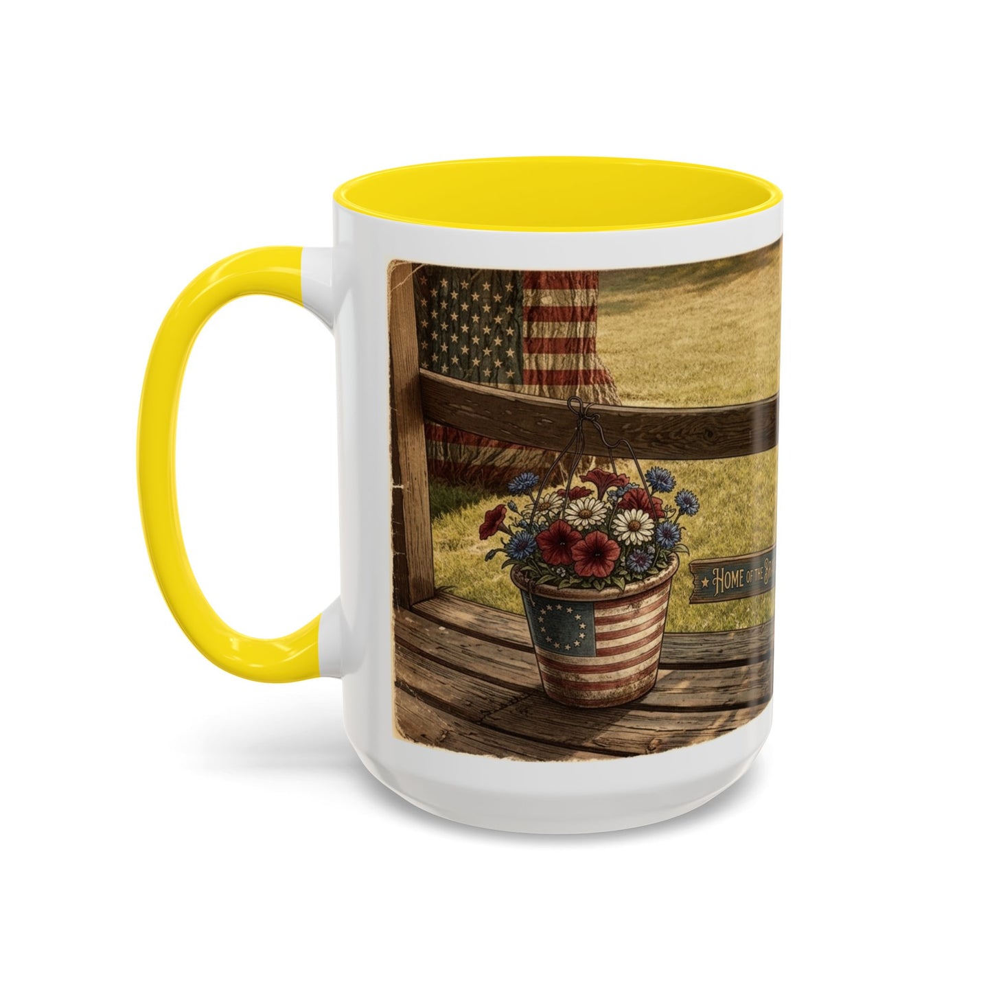 Coffee Mug — Rustic Porch Scene with 'Be Kind Be Brave Keep Growing' Inspirational Quote