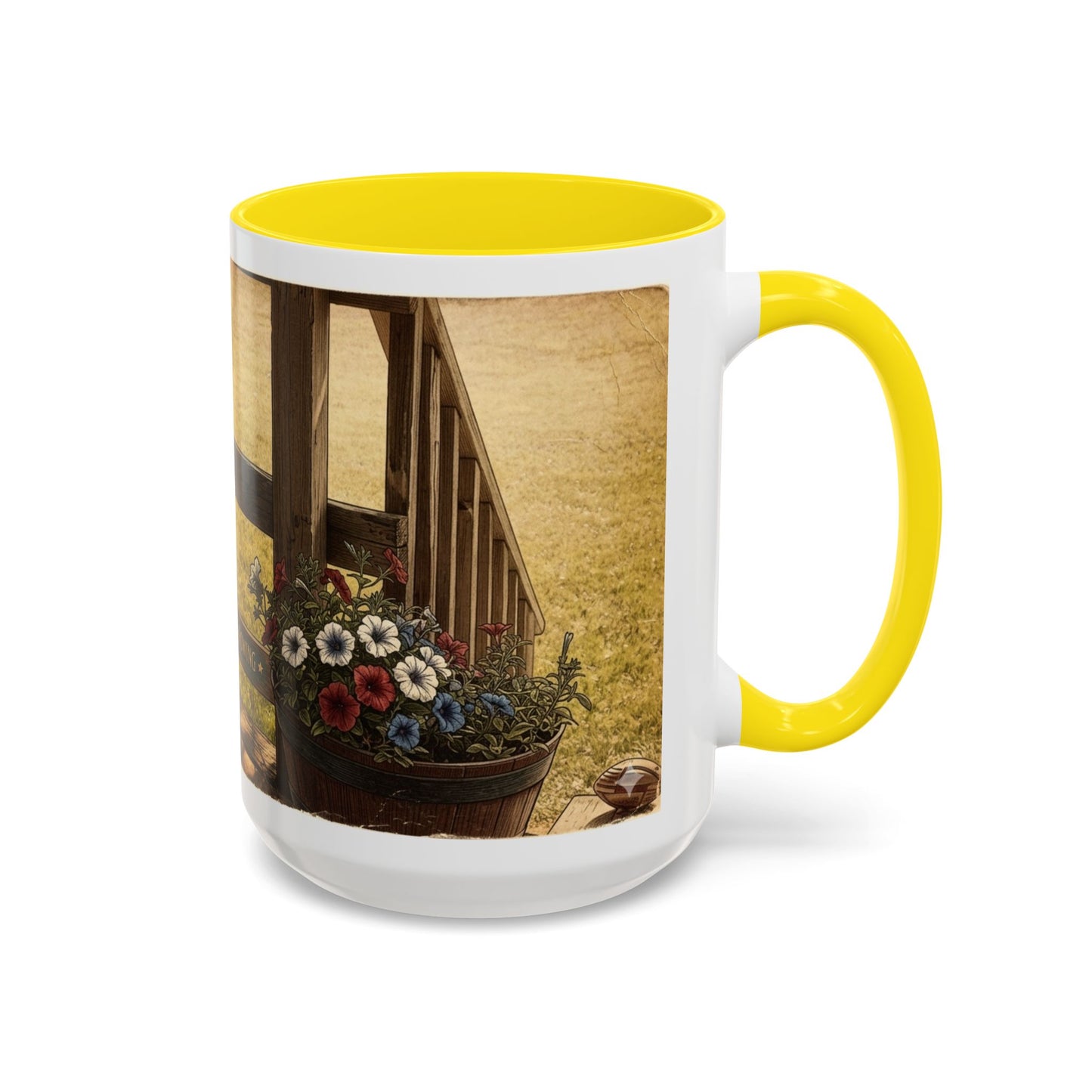 Coffee Mug — Rustic Porch Scene with 'Be Kind Be Brave Keep Growing' Inspirational Quote