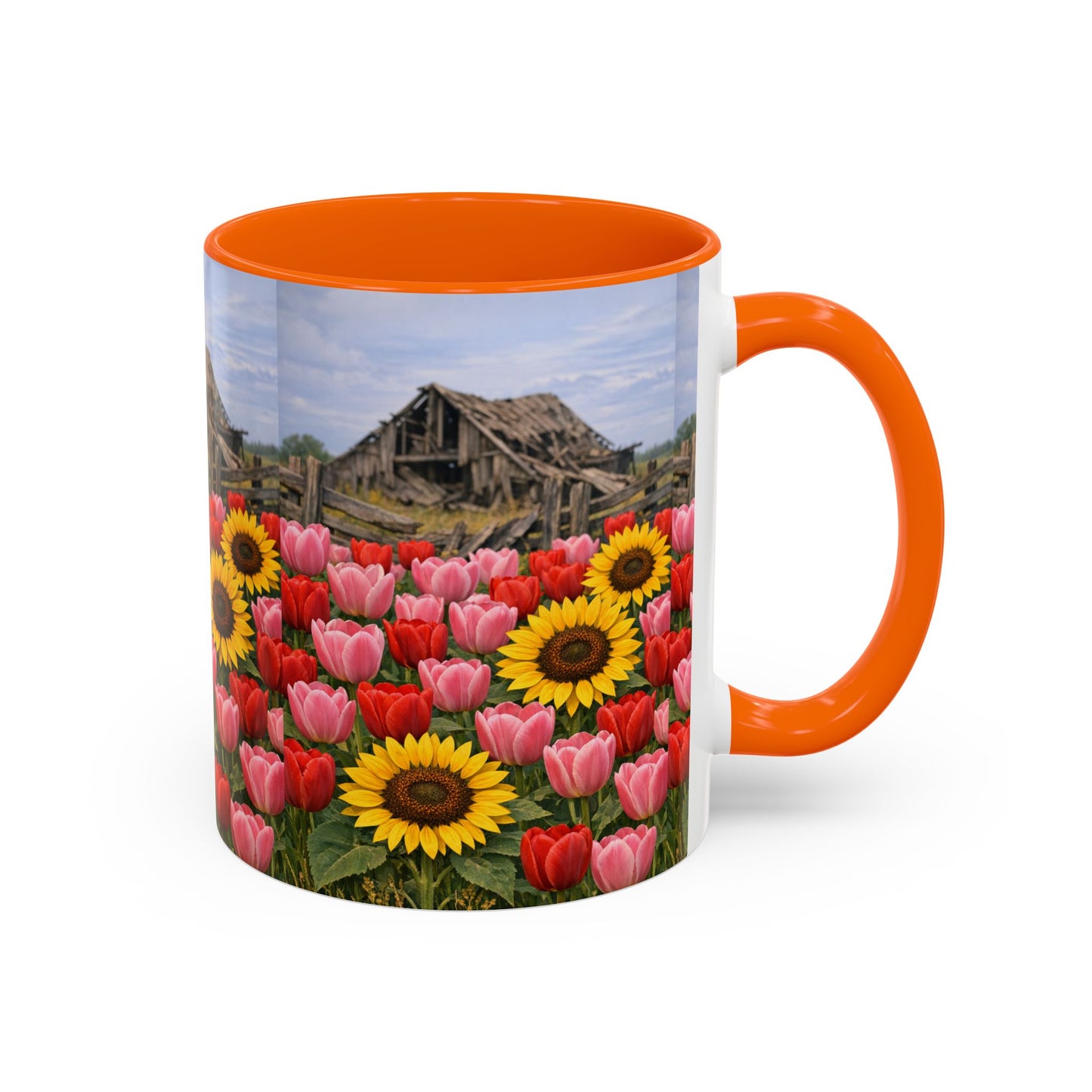 Sunflower & Tulip Farmhouse Coffee Mug – Rustic Barn Floral Accent Mug (11/15oz)